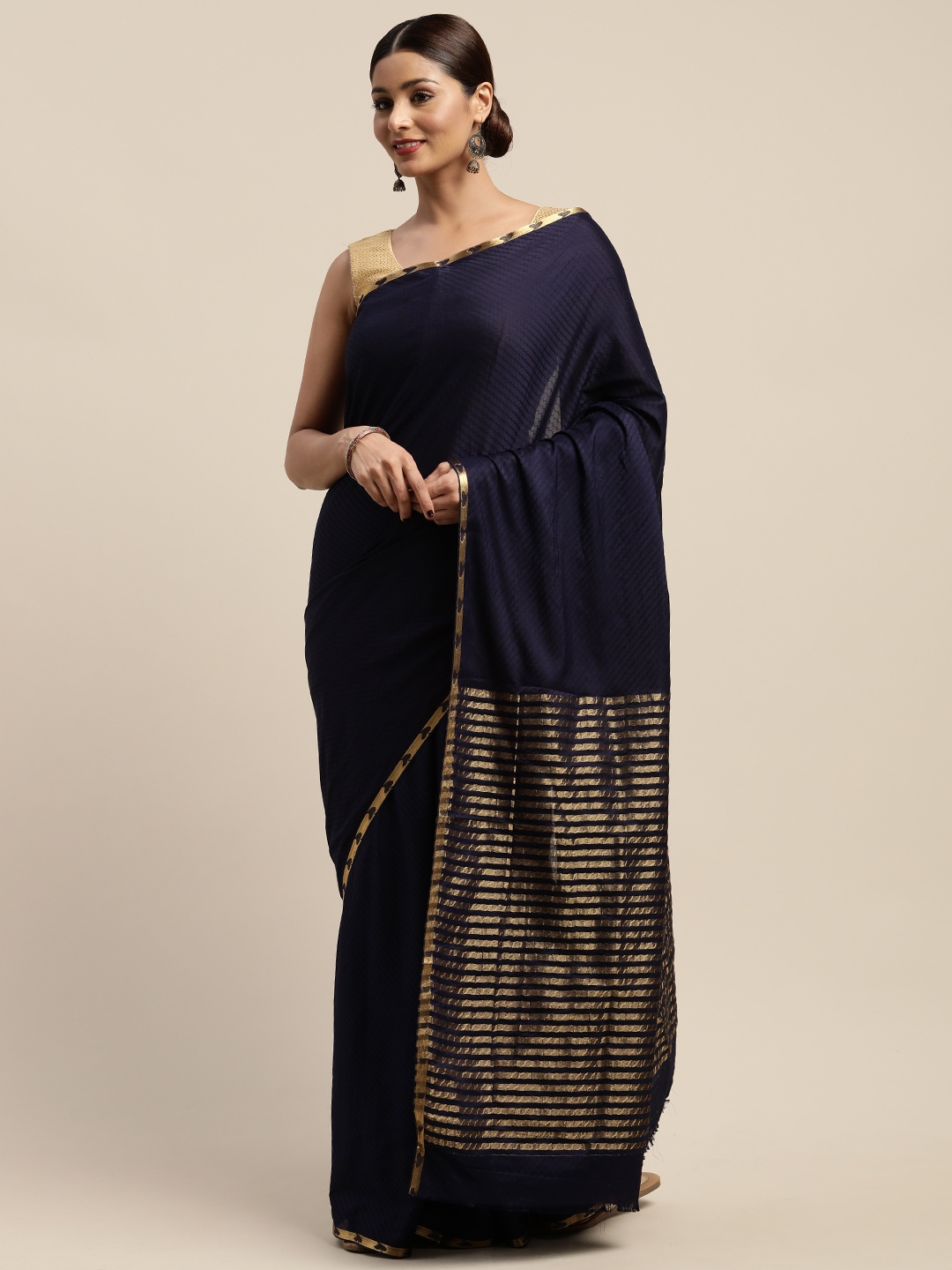 

Mitera Navy Blue Poly Crepe Woven Design Mysore Silk Saree