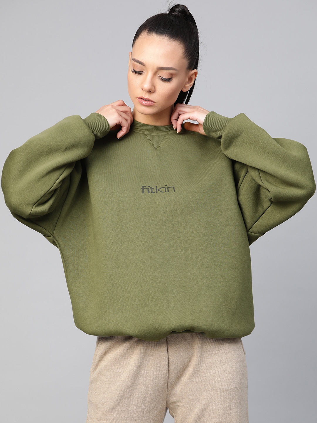 

Fitkin Women Olive Green Pure Cotton Solid Winter Sweatshirt