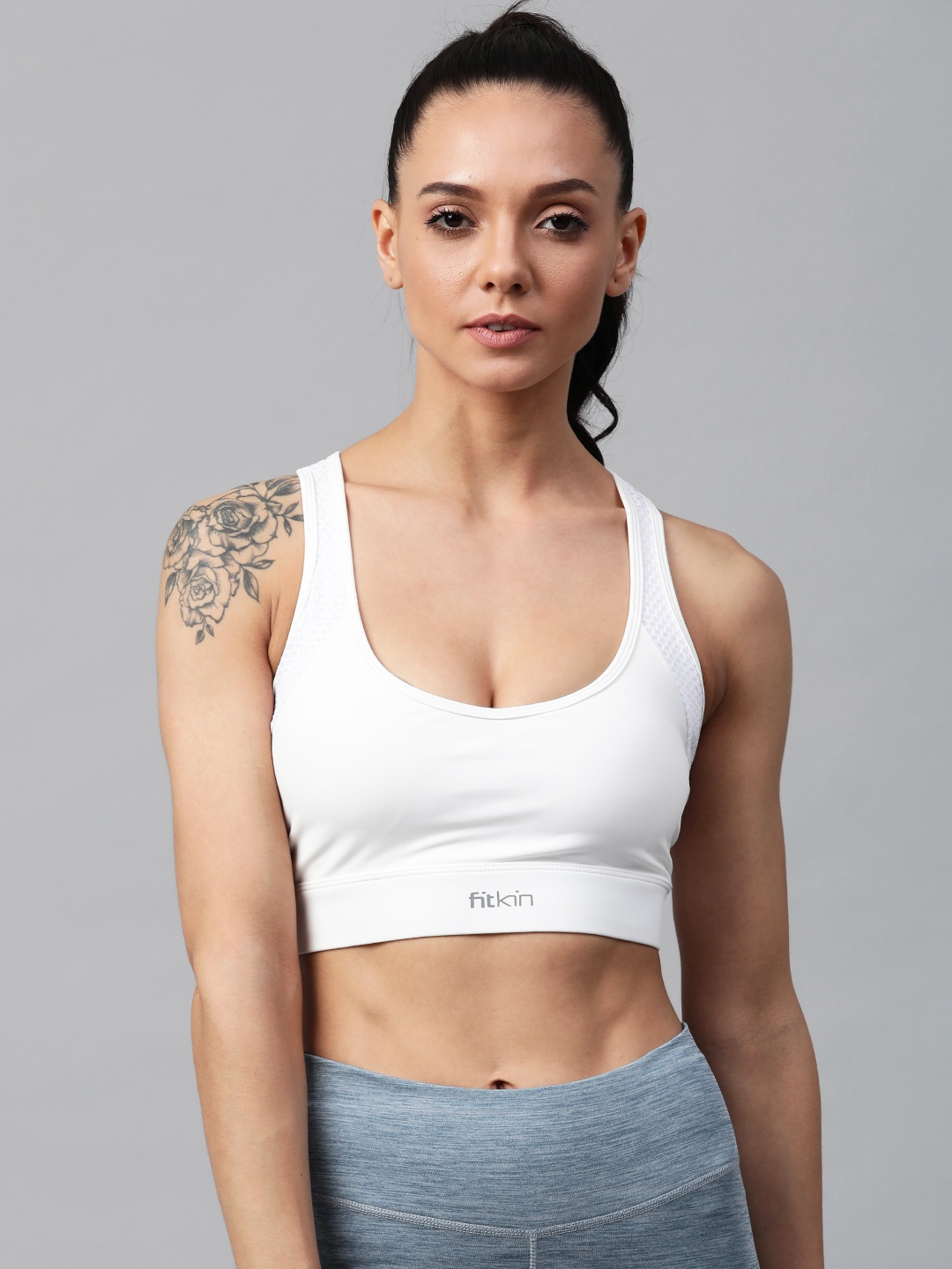 

Fitkin White Solid Removable Padded Non-Wired Cross Back Sports Bra B24