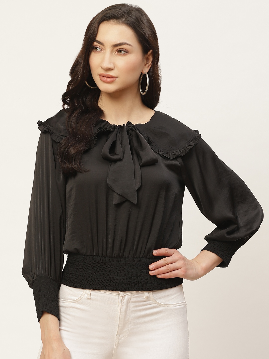 

Antheaa Women Black Solid Smoked & Tie-Up Detail Satin Finish Victorian Top
