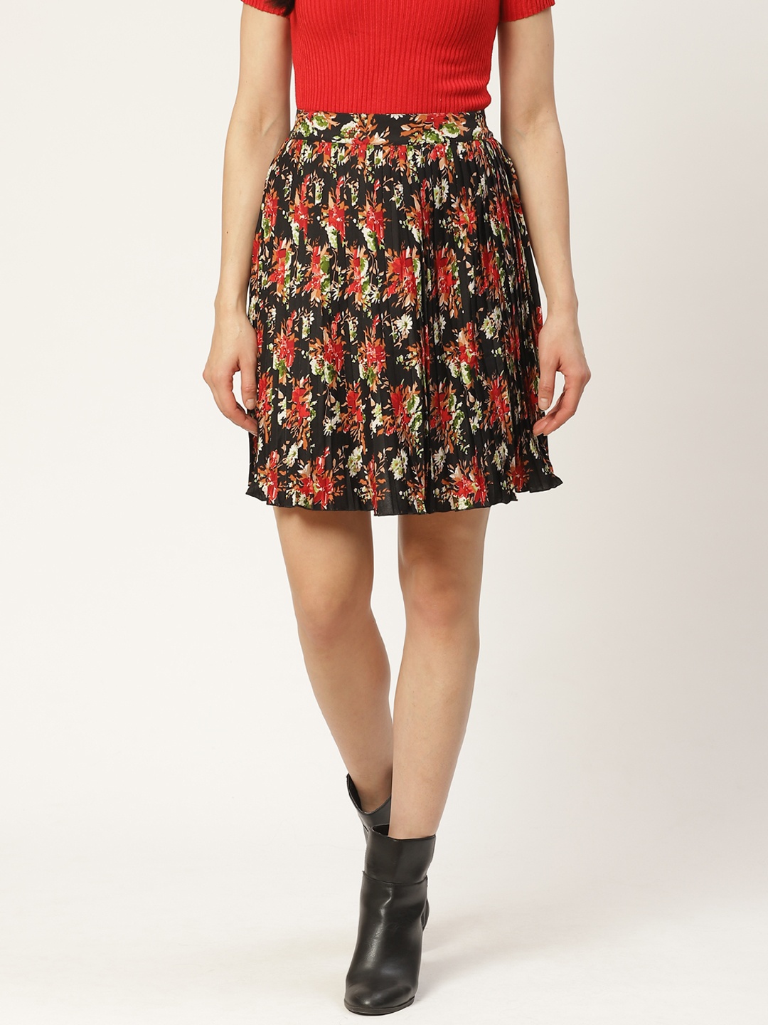 

Antheaa Women Black & Red Accordion Pleated Floral Printed A-Line Skirt