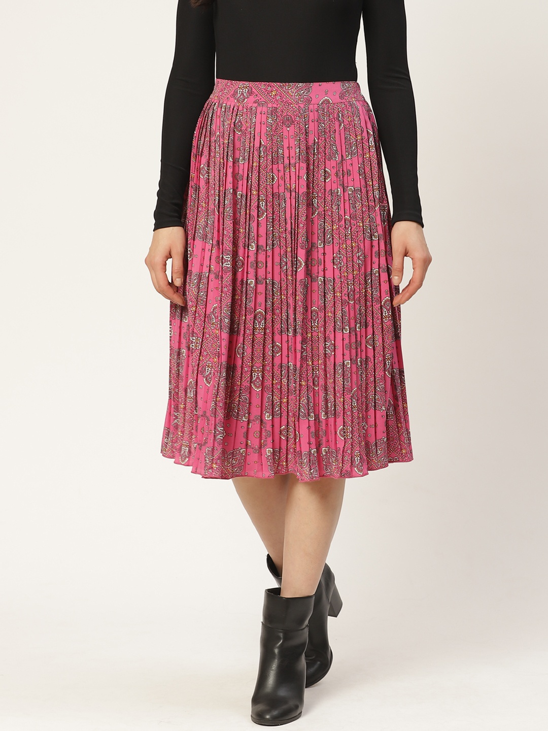 

Antheaa Women Pink & White Accordion Pleated Ethnic Printed A-Line Skirt