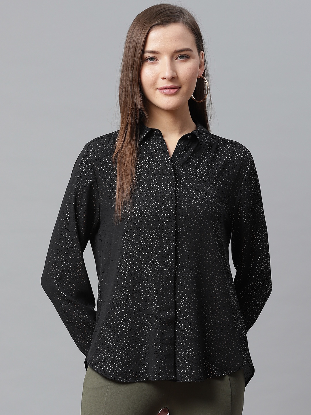 

Marks & Spencer Women Black & Silver Regular Fit Printed Casual Shirt