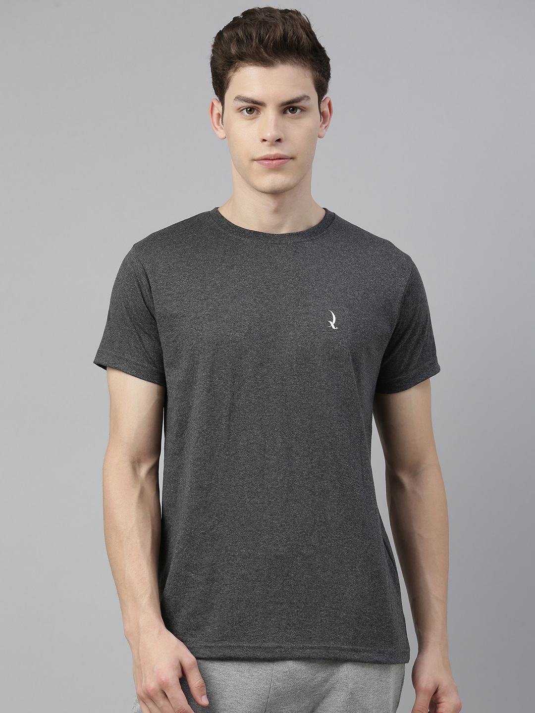 

QUARANTINE Men Charcoal Grey Solid Round Neck Lounge T-shirt