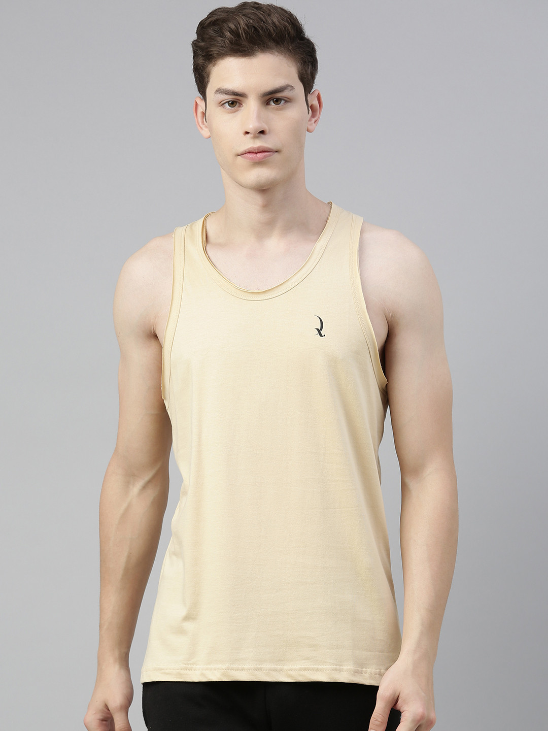 

QUARANTINE Men Beige Solid Round Neck Lounge T-shirt