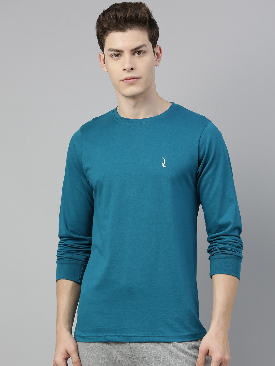 

QUARANTINE Men Teal Blue Solid Round Neck Lounge T-shirt