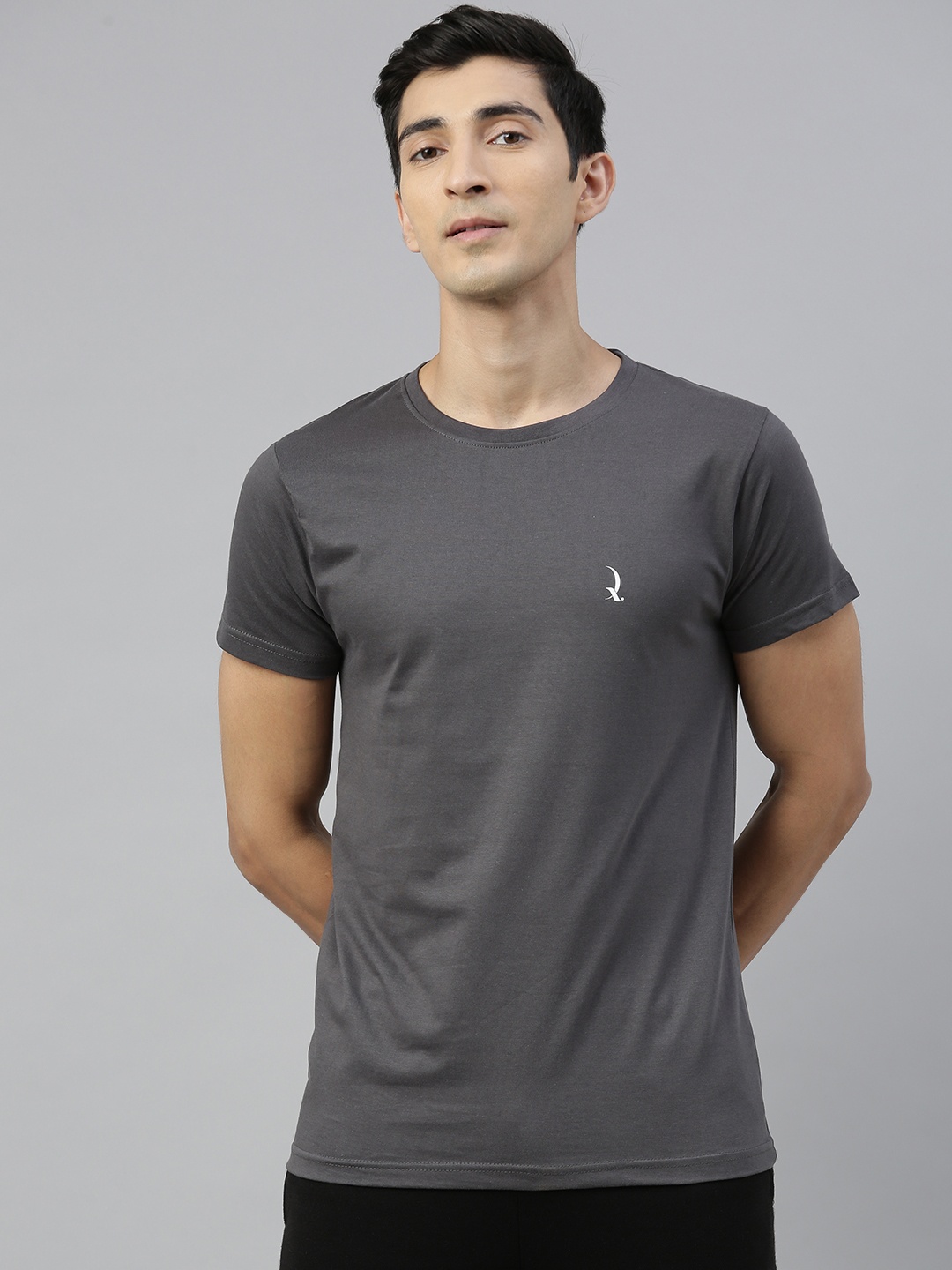 

QUARANTINE Men Charcoal Grey Solid Round Neck Cotton Lounge T-Shirt