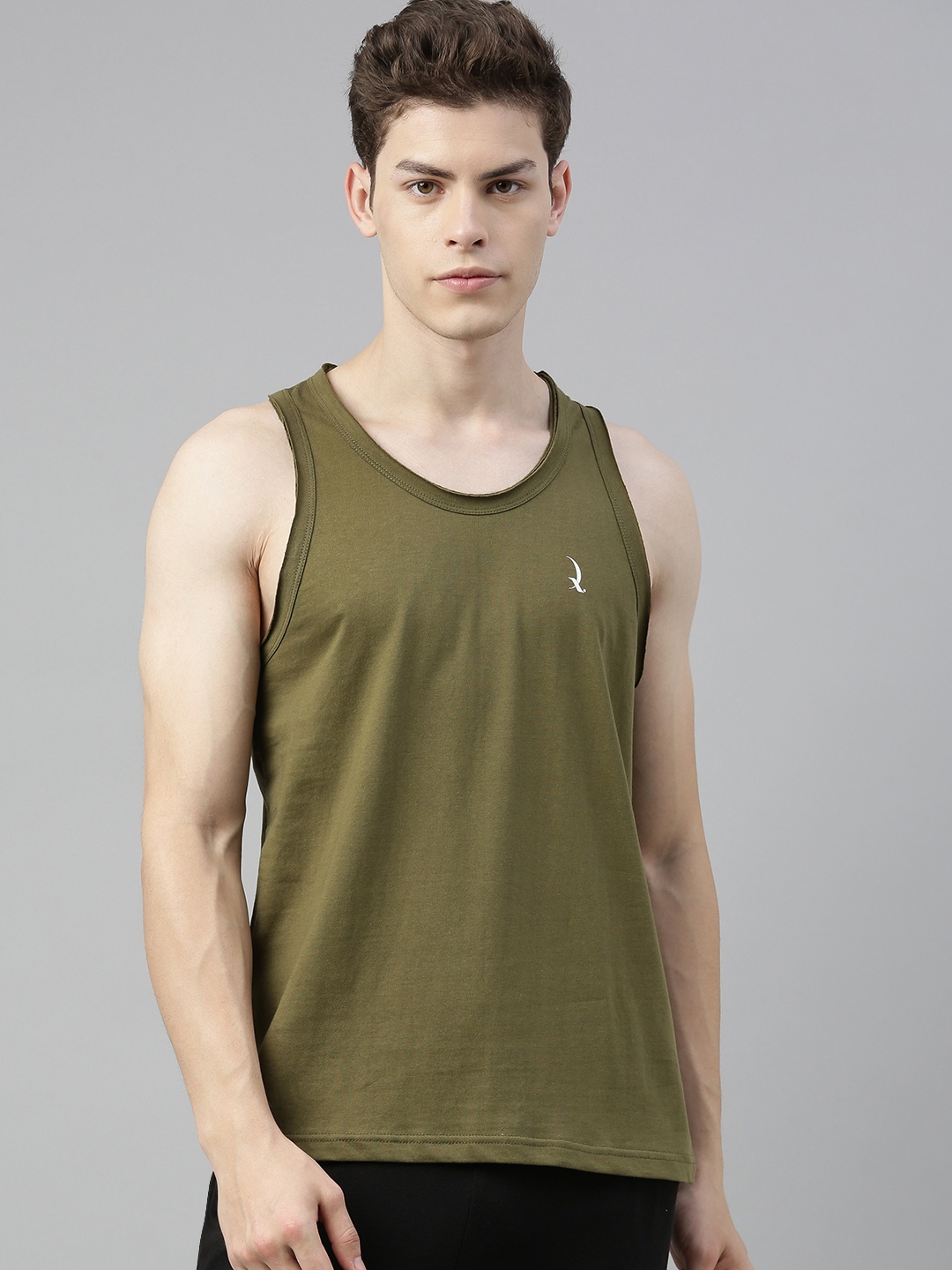 

QUARANTINE Men Olive Green Solid Round Neck Cotton Lounge Tank T-shirt
