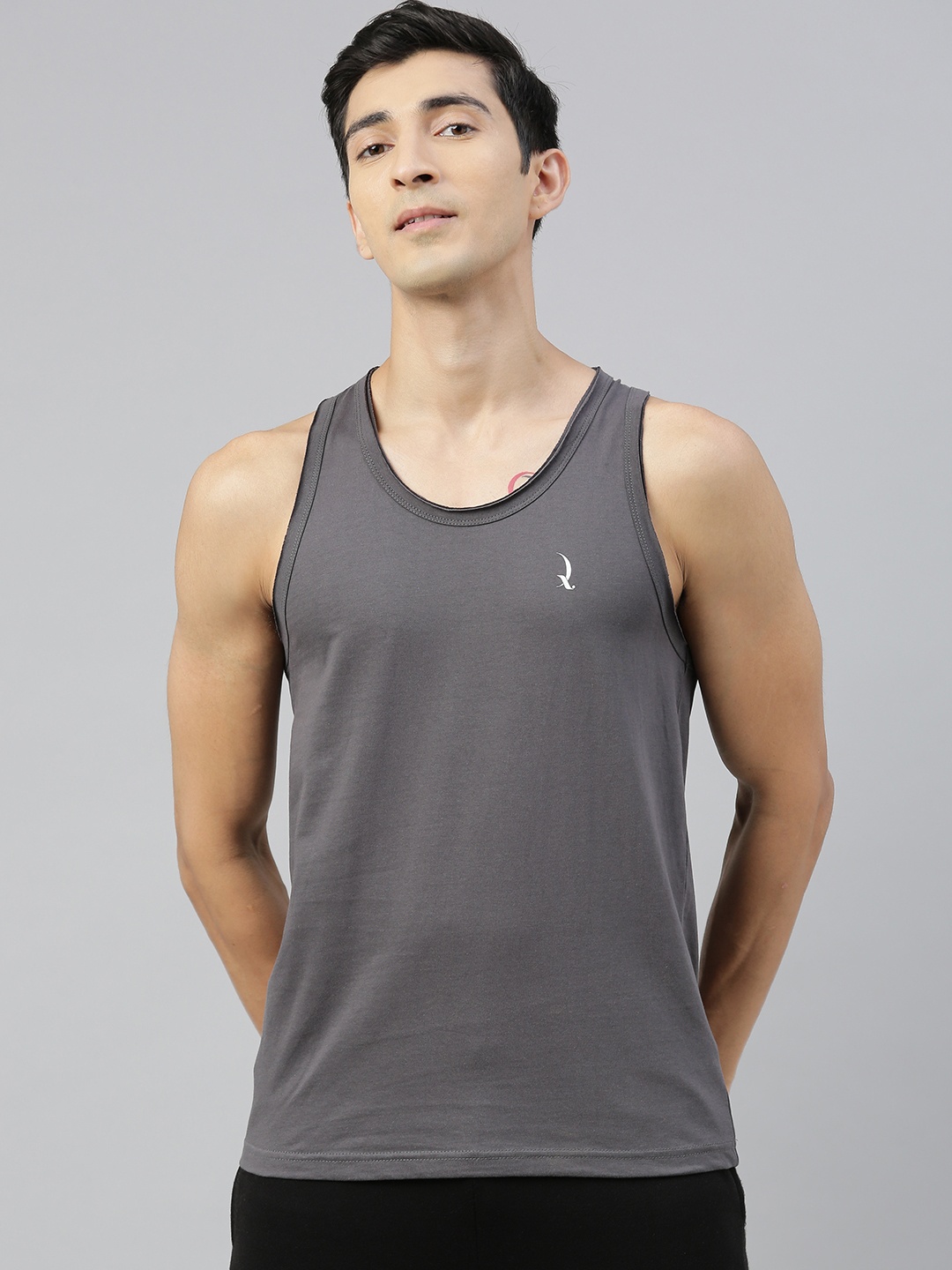 

QUARANTINE Men Charcoal Grey Solid Round Neck Cotton Lounge Tank T-Shirt