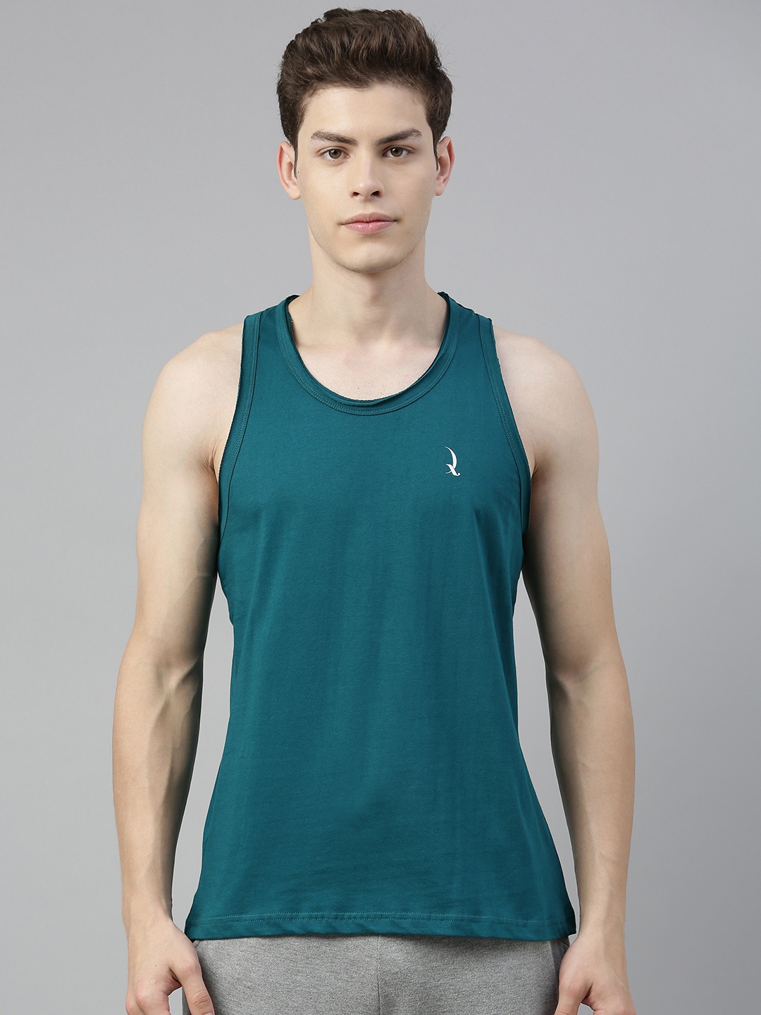

QUARANTINE Men Teal Blue Solid Round Neck Lounge T-shirt