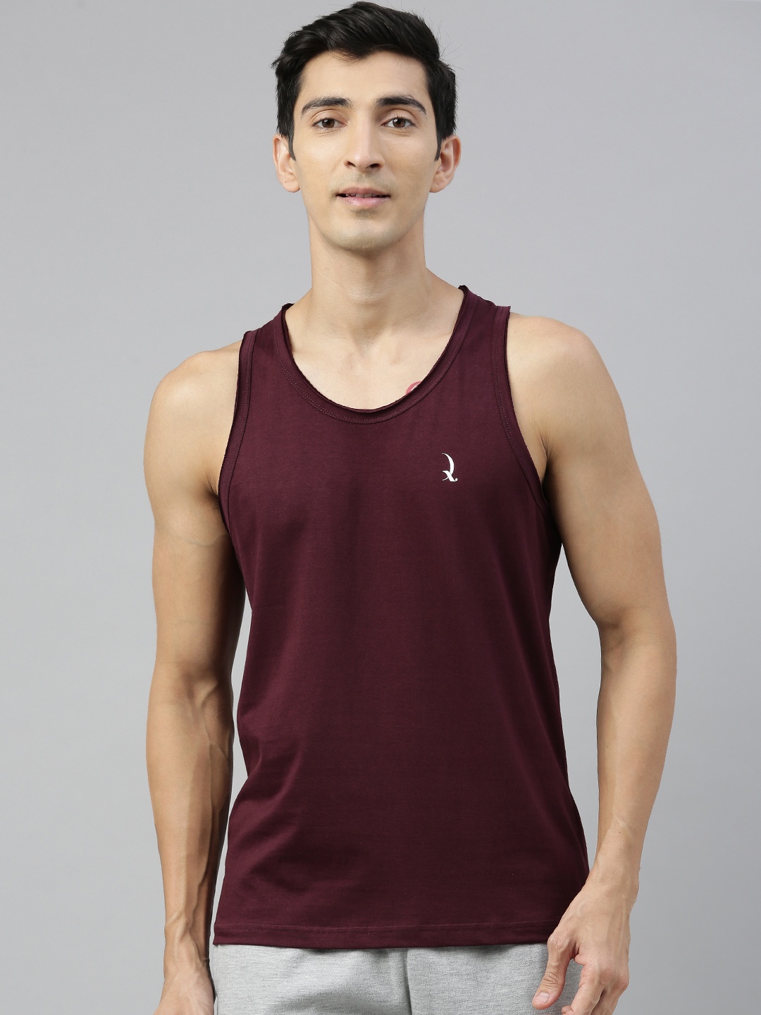 

QUARANTINE Men Burgundy Solid Round Neck Cotton Lounge Tank T-Shirt