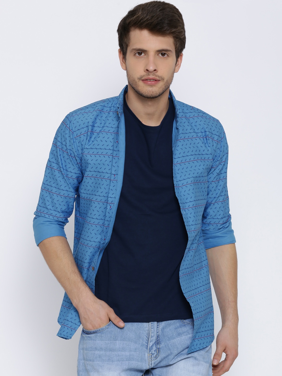 

Status Quo Blue Printed Slim Casual Shirt