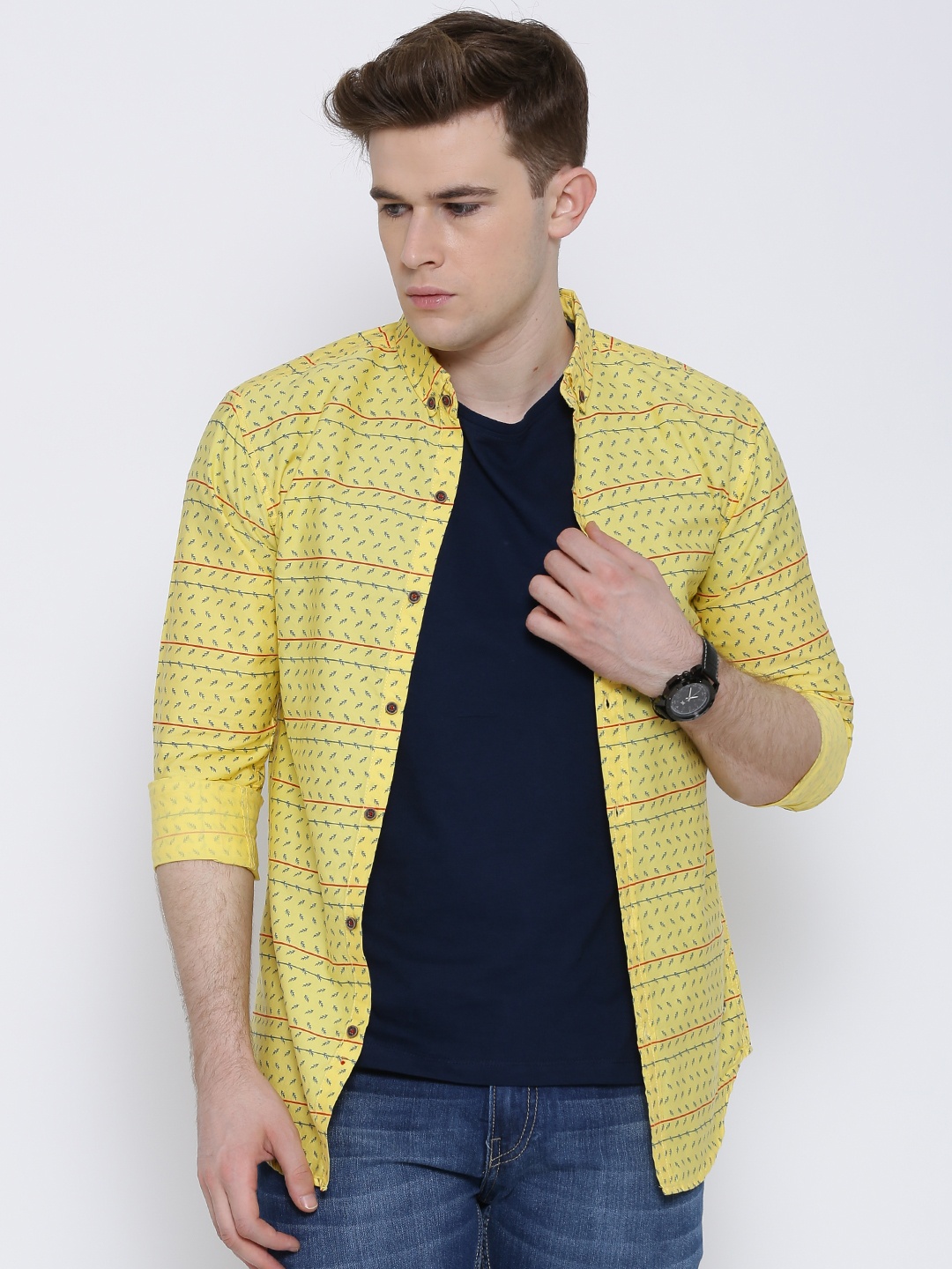 

Status Quo Men Yellow Slim Fit Printed Casual Shirt