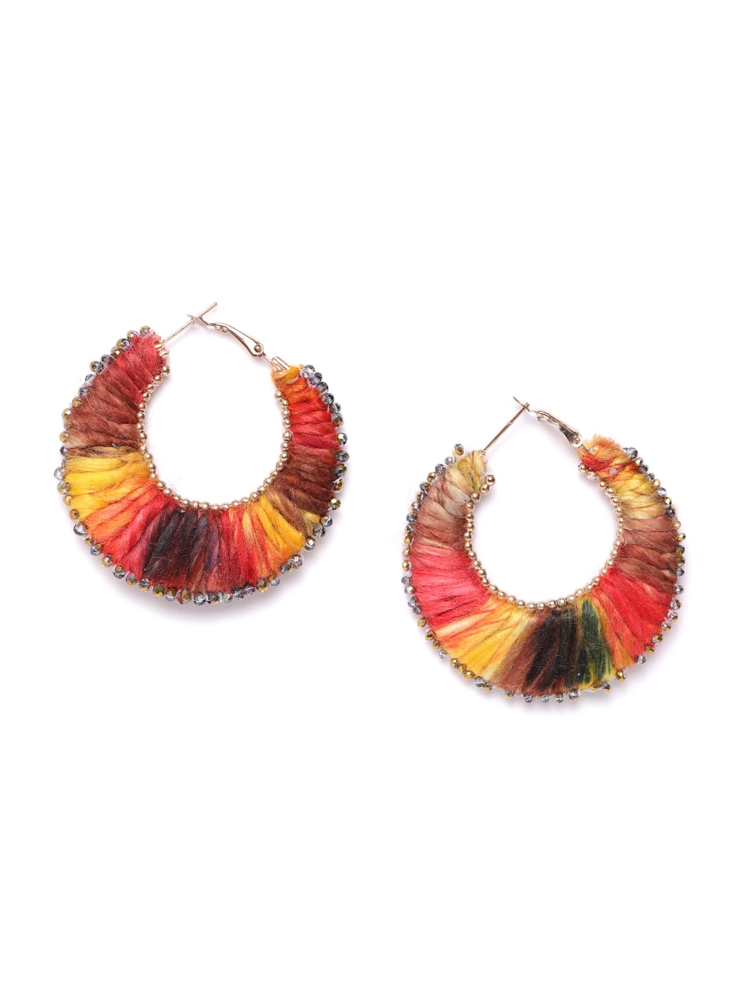 

DIVA WALK EXCLUSIVE Yellow & Red Gold-Plated Beaded Thread Detailed Circular Hoop Earrings