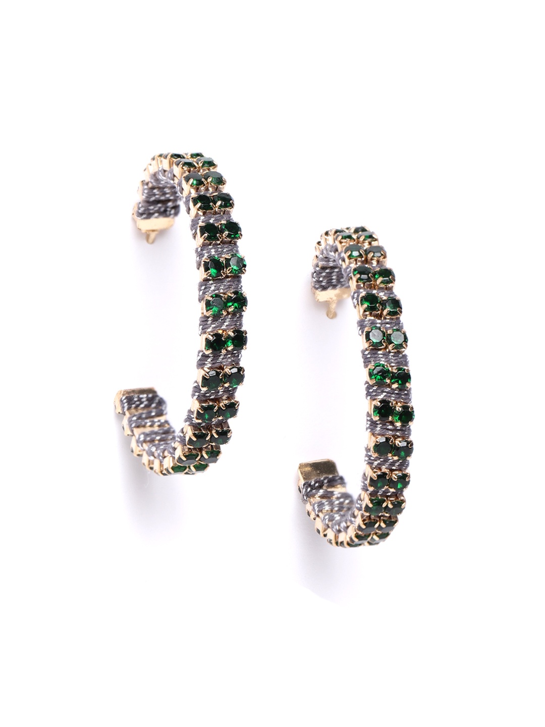 

DIVA WALK EXCLUSIVE Gold-Toned & Green Stone-Studded Thread work Detail Circular Half Hoop Earrings