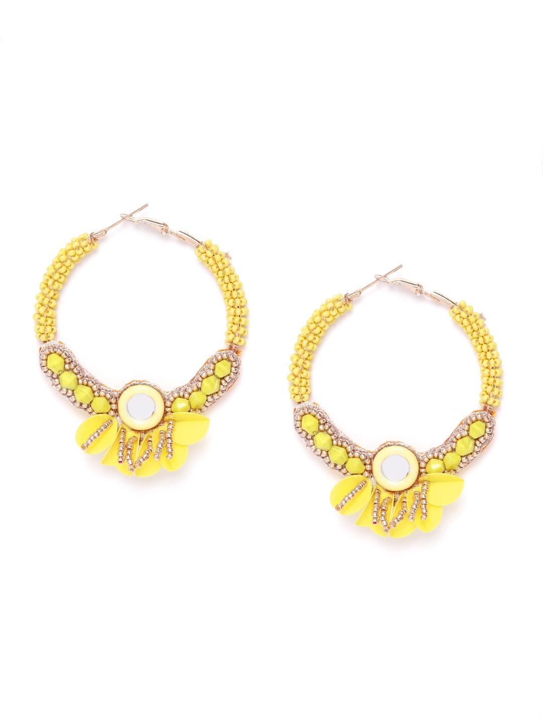 

DIVA WALK EXCLUSIVE Yellow & Gold-Toned Beaded Mirror Detail Contemporary Hoop Earrings