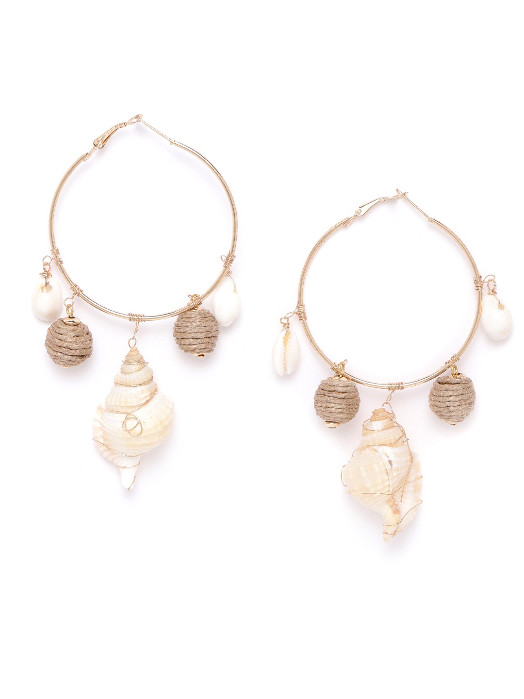 

DIVA WALK EXCLUSIVE Beige & White Gold-Plated Cowry Shell & Thread Work Detail Hoop Earrings