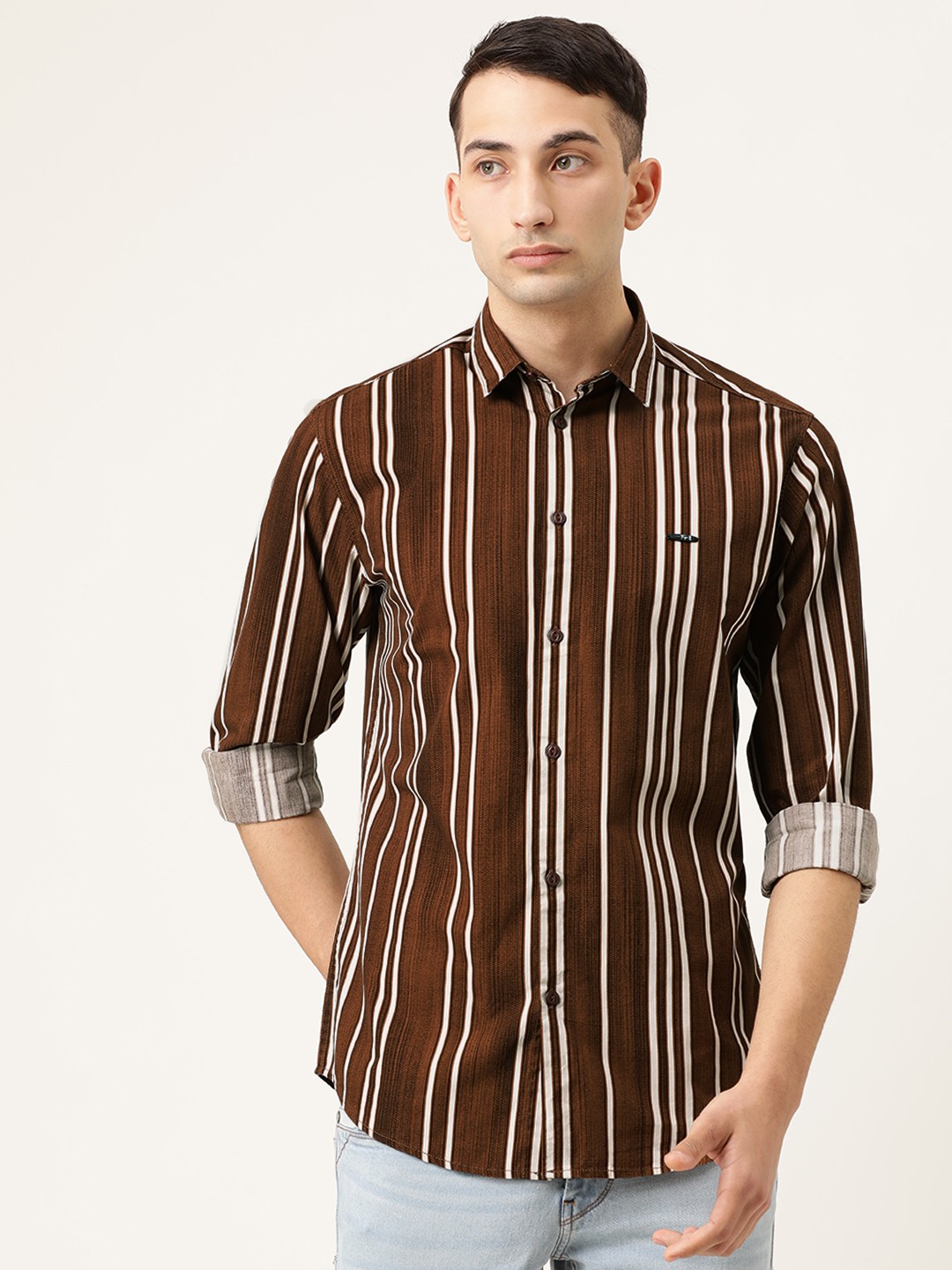 

The Indian Garage Co Men Brown & White Slim Fit Striped Casual Shirt