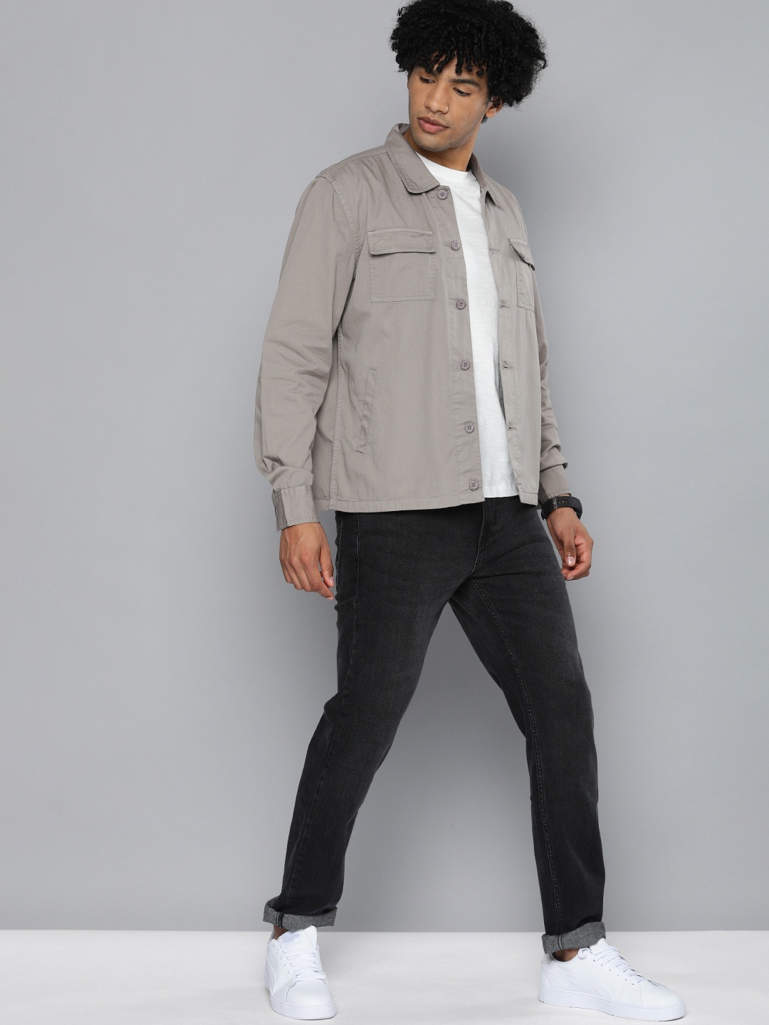 

The Indian Garage Co Men Utililty Regular Fit Solid Shirt with Double flap Pocket, Grey