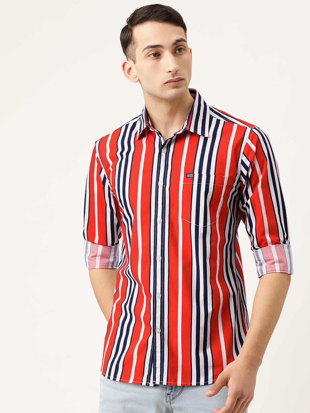 

The Indian Garage Co Men Orange & Navy Blue Slim Fit Striped Casual Shirt