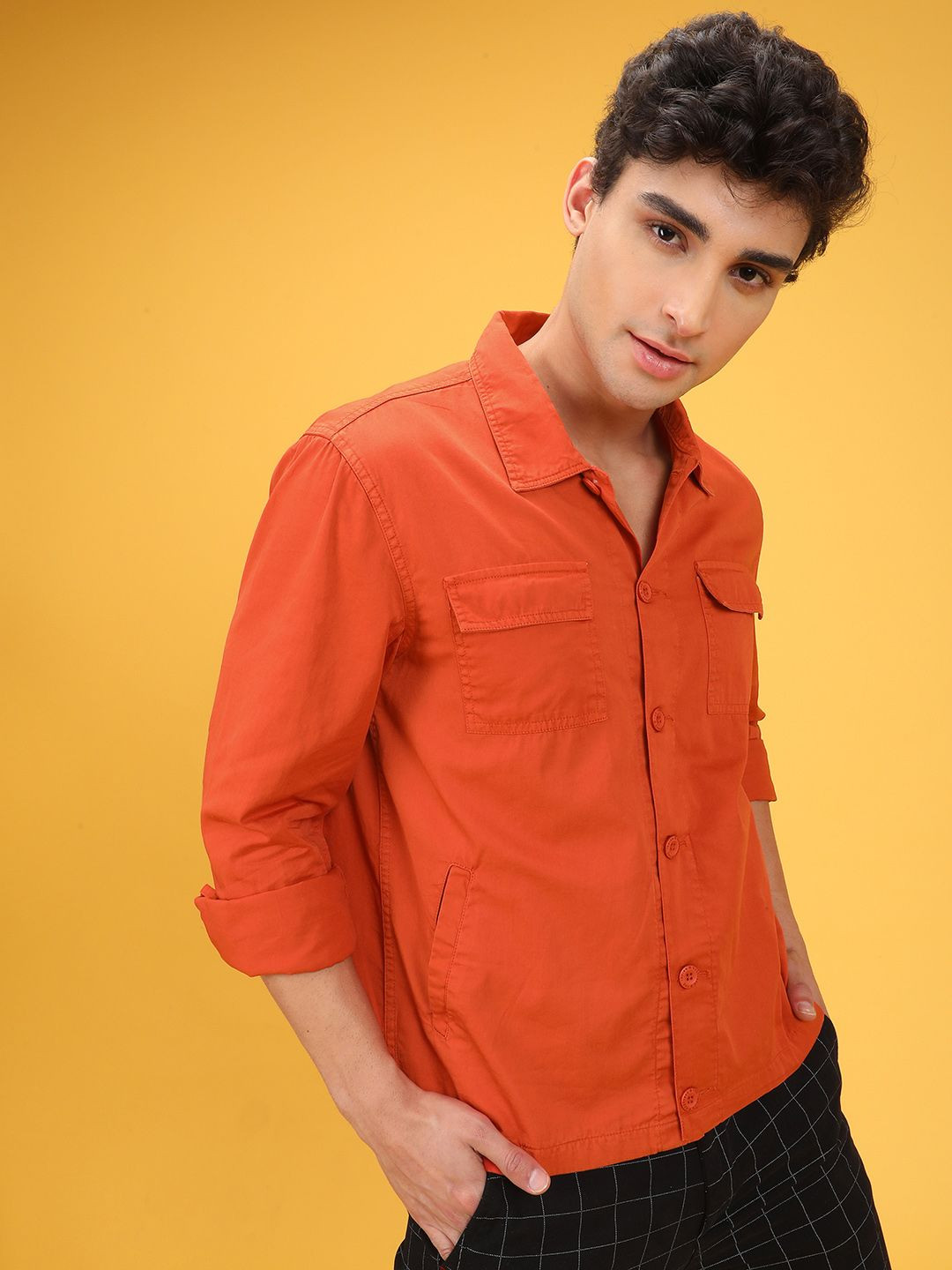 

The Indian Garage Co Men Utililty Regular Fit Solid Shirt with Double Flap Pocket, Orange