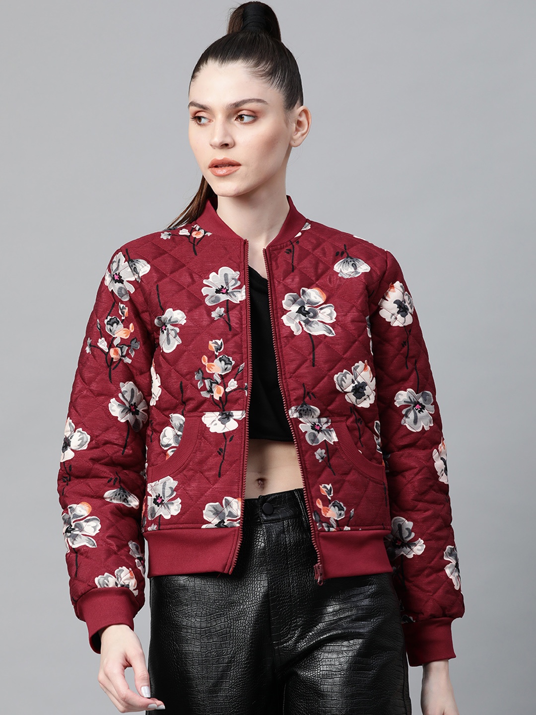 

SASSAFRAS Women Maroon & Grey Floral Print Quilted Jacket