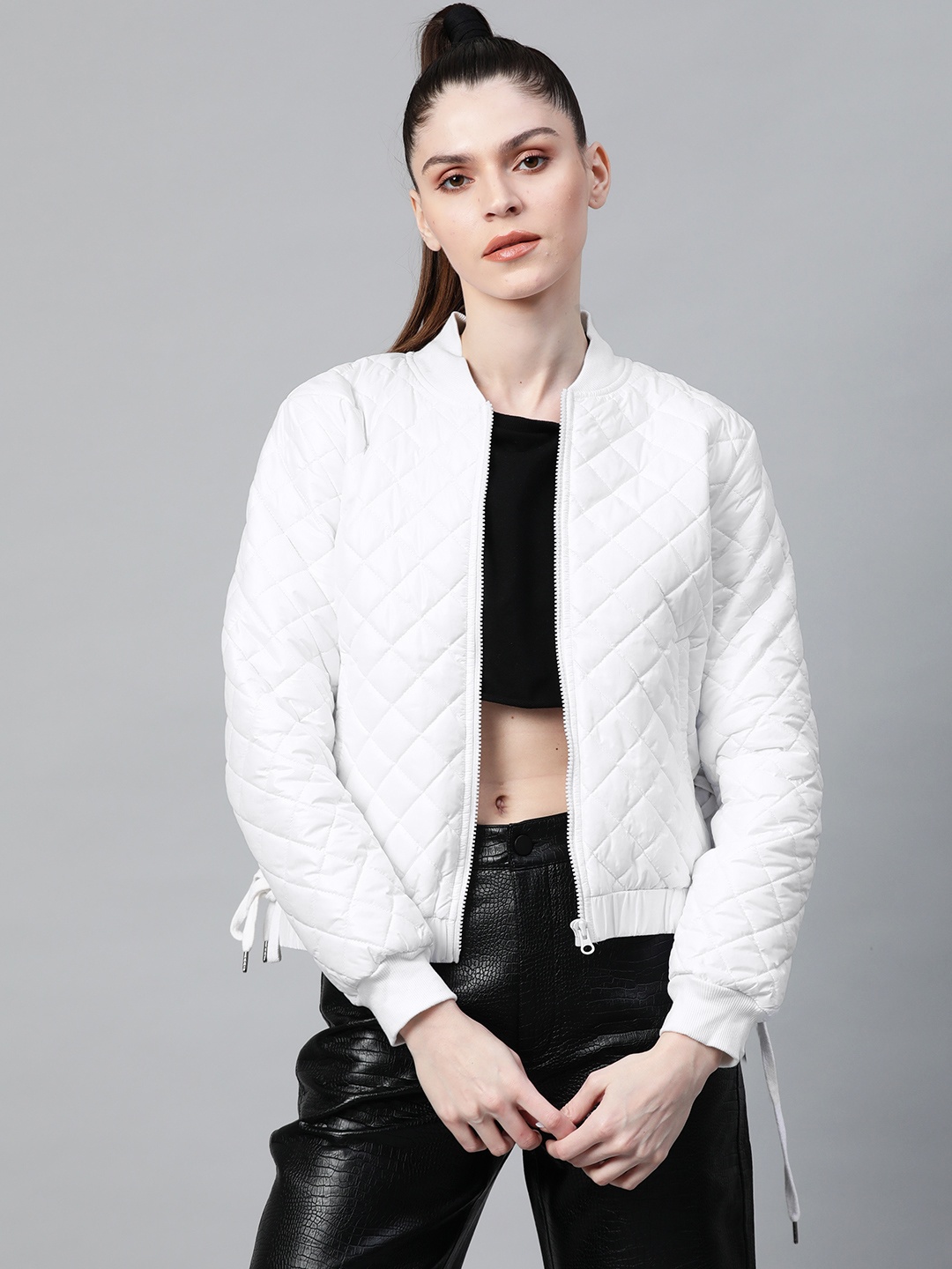 

SASSAFRAS Women White Solid Quilted Bomber Jacket