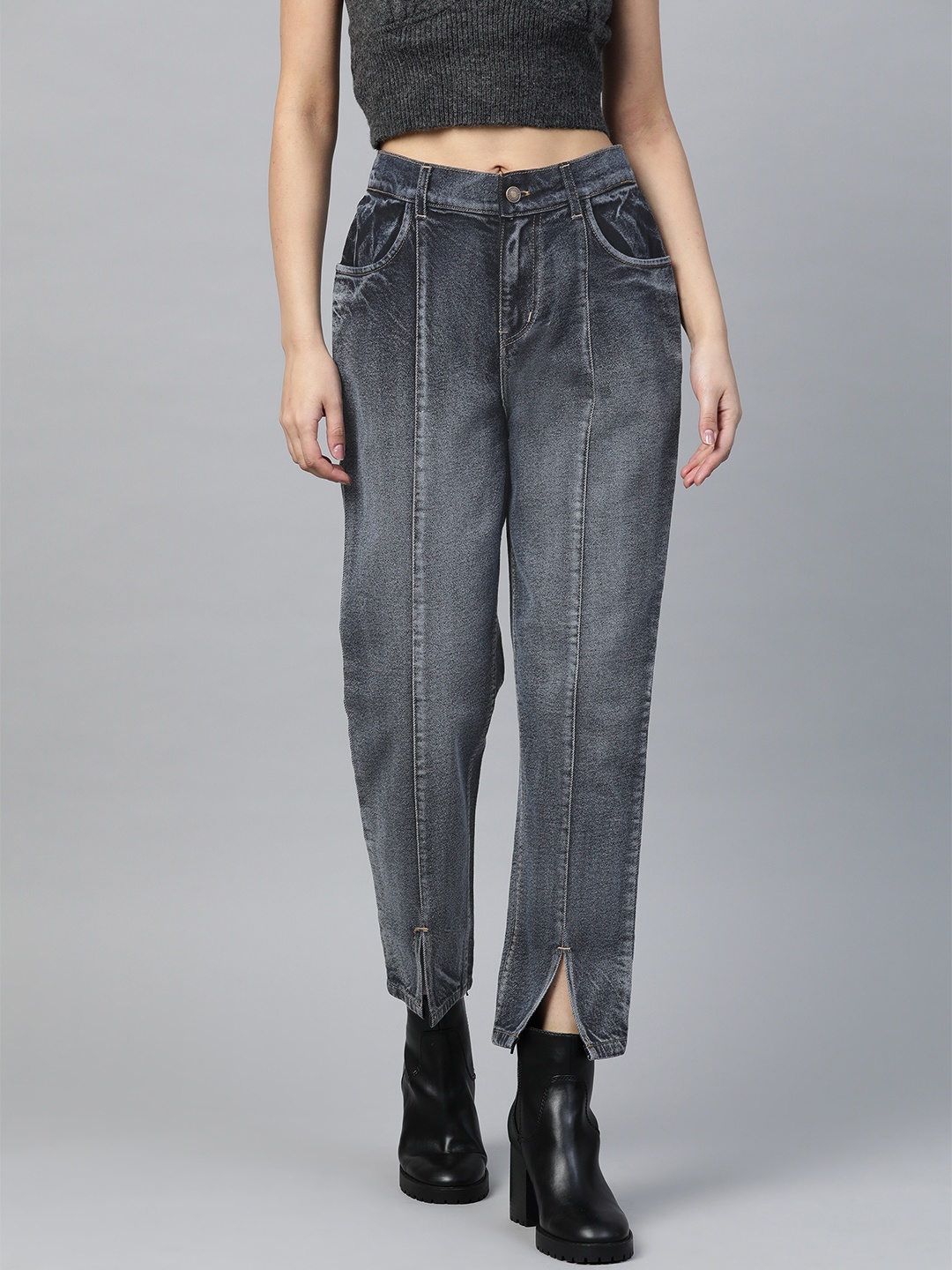 

SASSAFRAS Women Navy Blue Pure Cotton Relaxed Fit High-Rise Clean Look Jeans