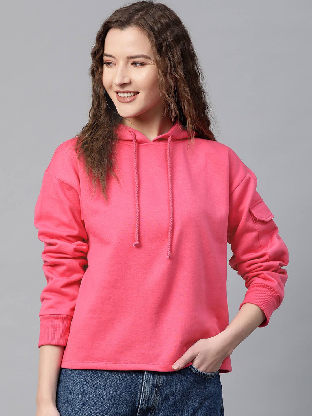 

SASSAFRAS Women Fuchsia Solid Hooded Sweatshirt