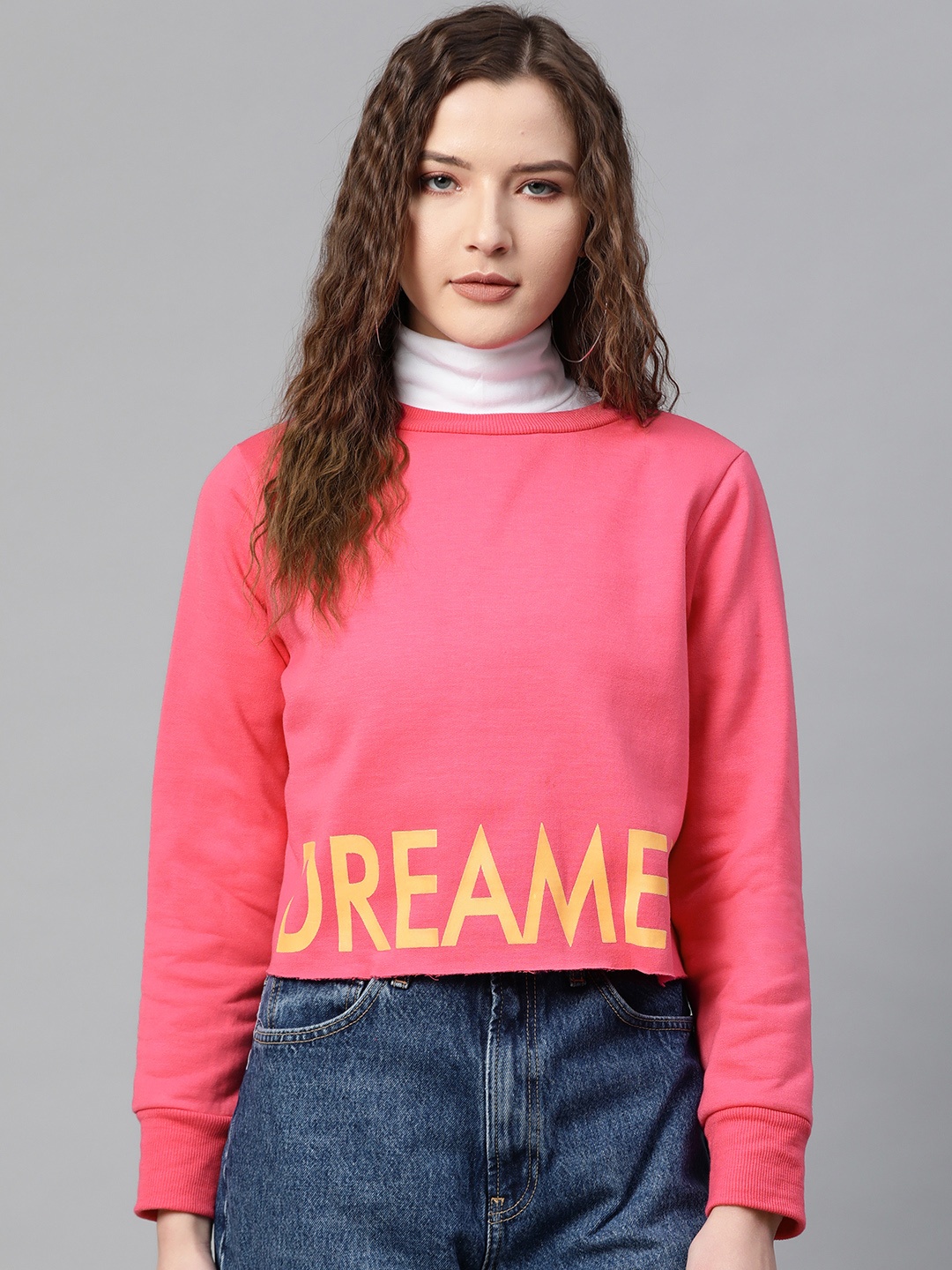 

SASSAFRAS Women Pink & Yellow Printed Detail Sweatshirt