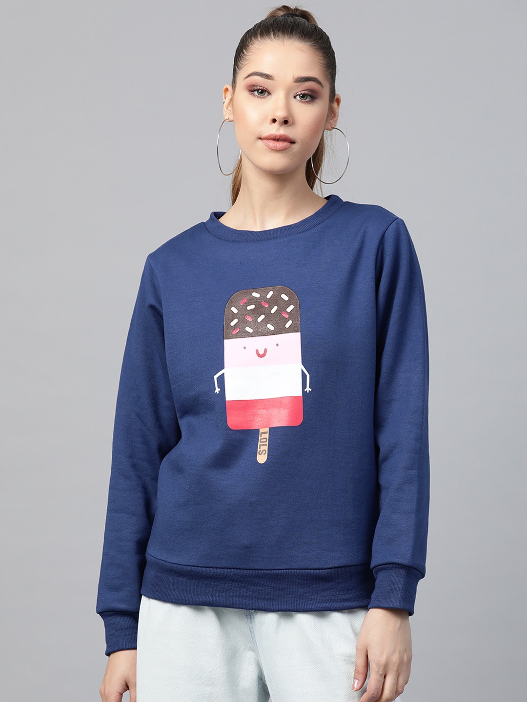 

SASSAFRAS Women Blue Ice-Cream Print Sweatshirt