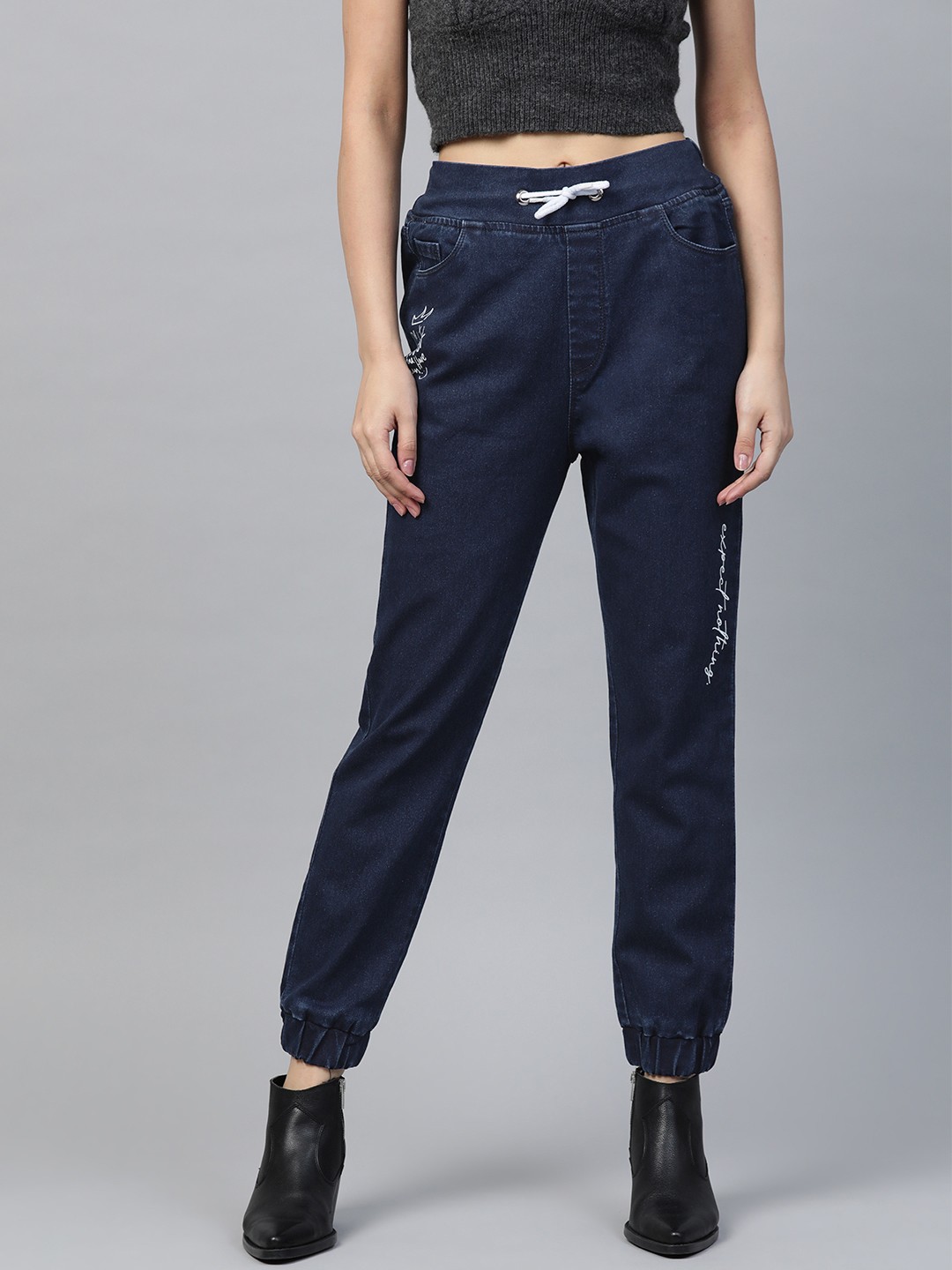 

SASSAFRAS Women Navy Blue Jogger High-Rise Clean Look Stretchable Jeans