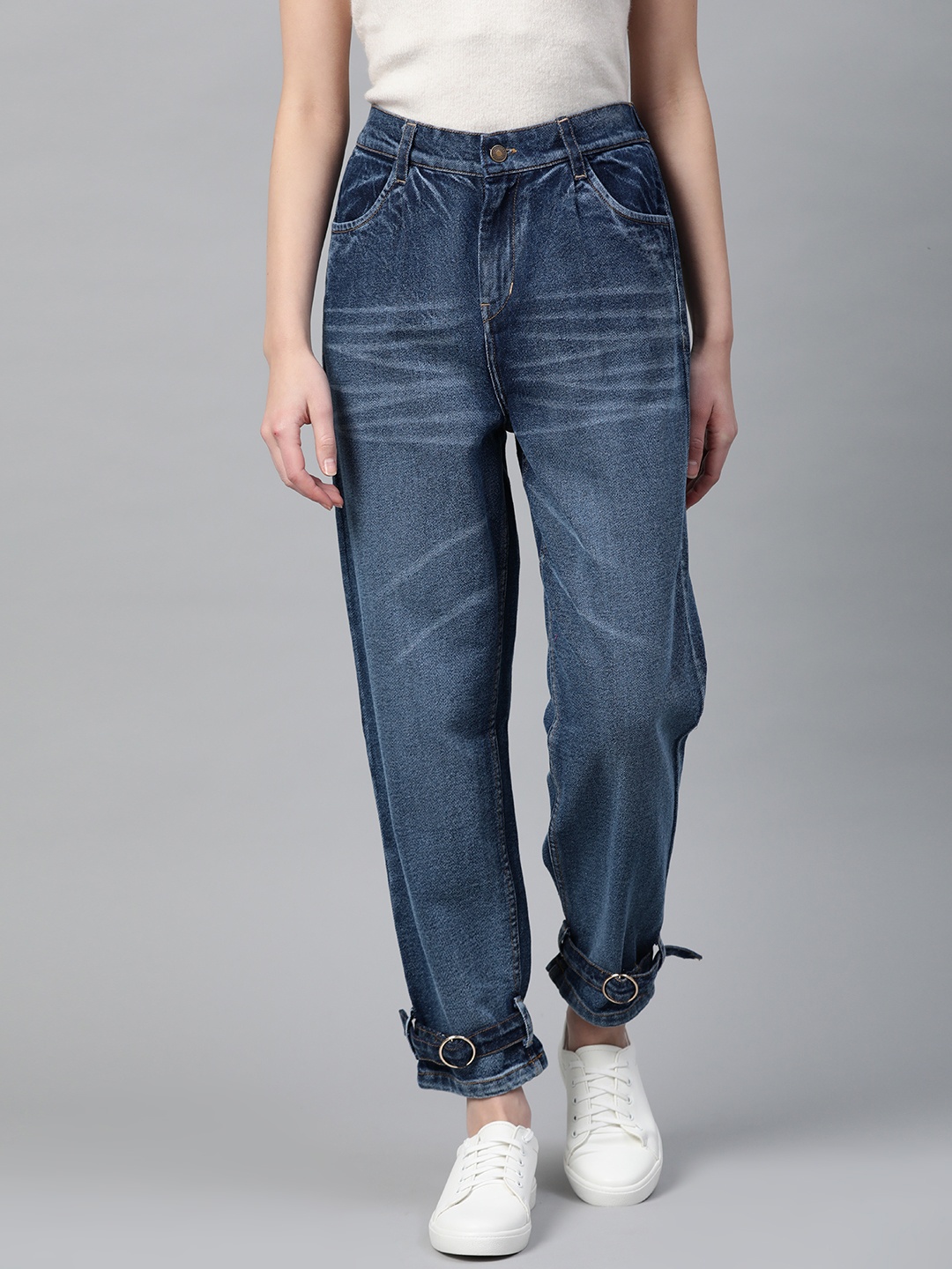 

SASSAFRAS Women Navy Blue Washed High-Rise Relaxed Fit Denim Joggers
