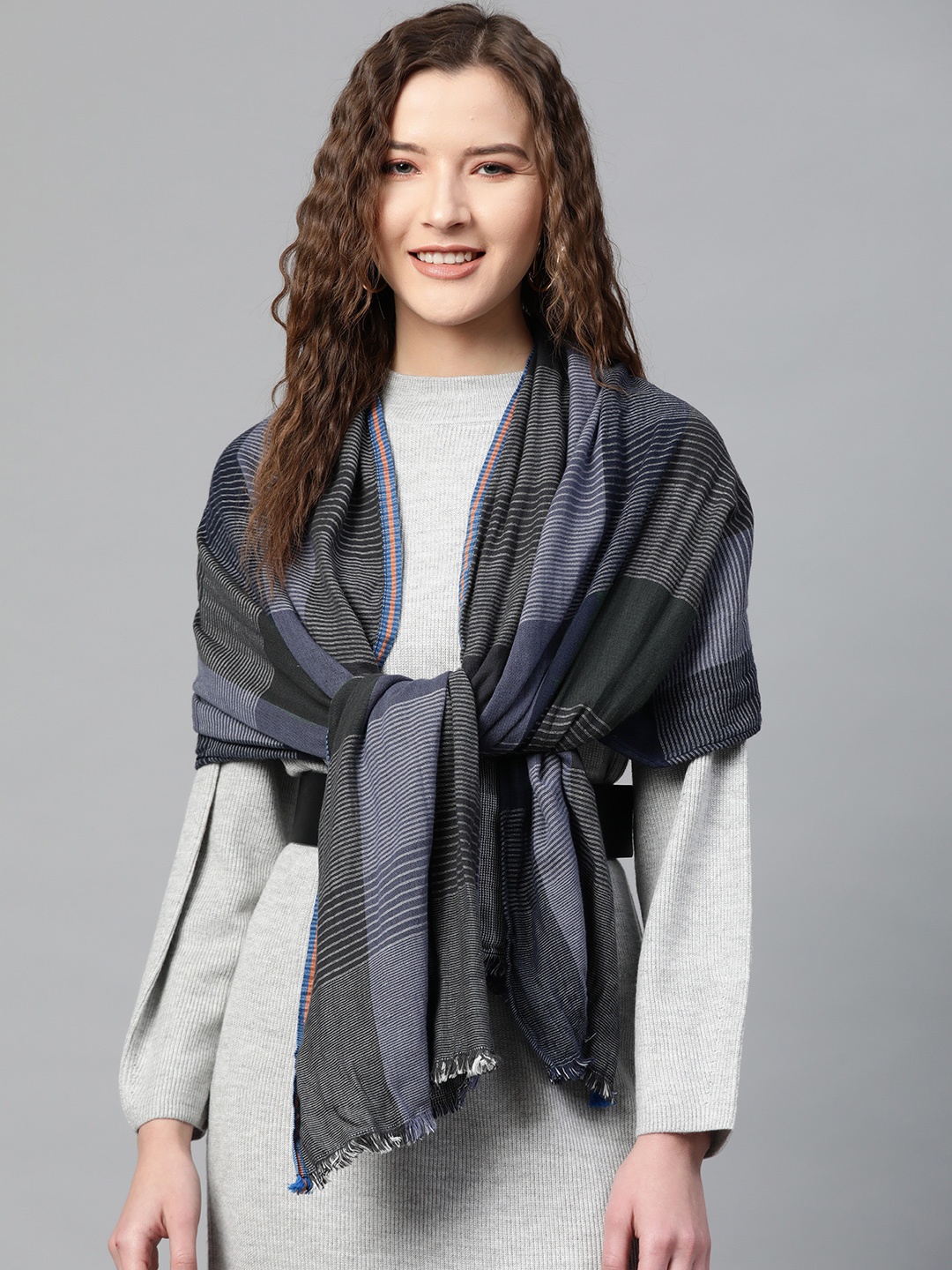 

SASSAFRAS Women Navy Blue & Black Striped Stole