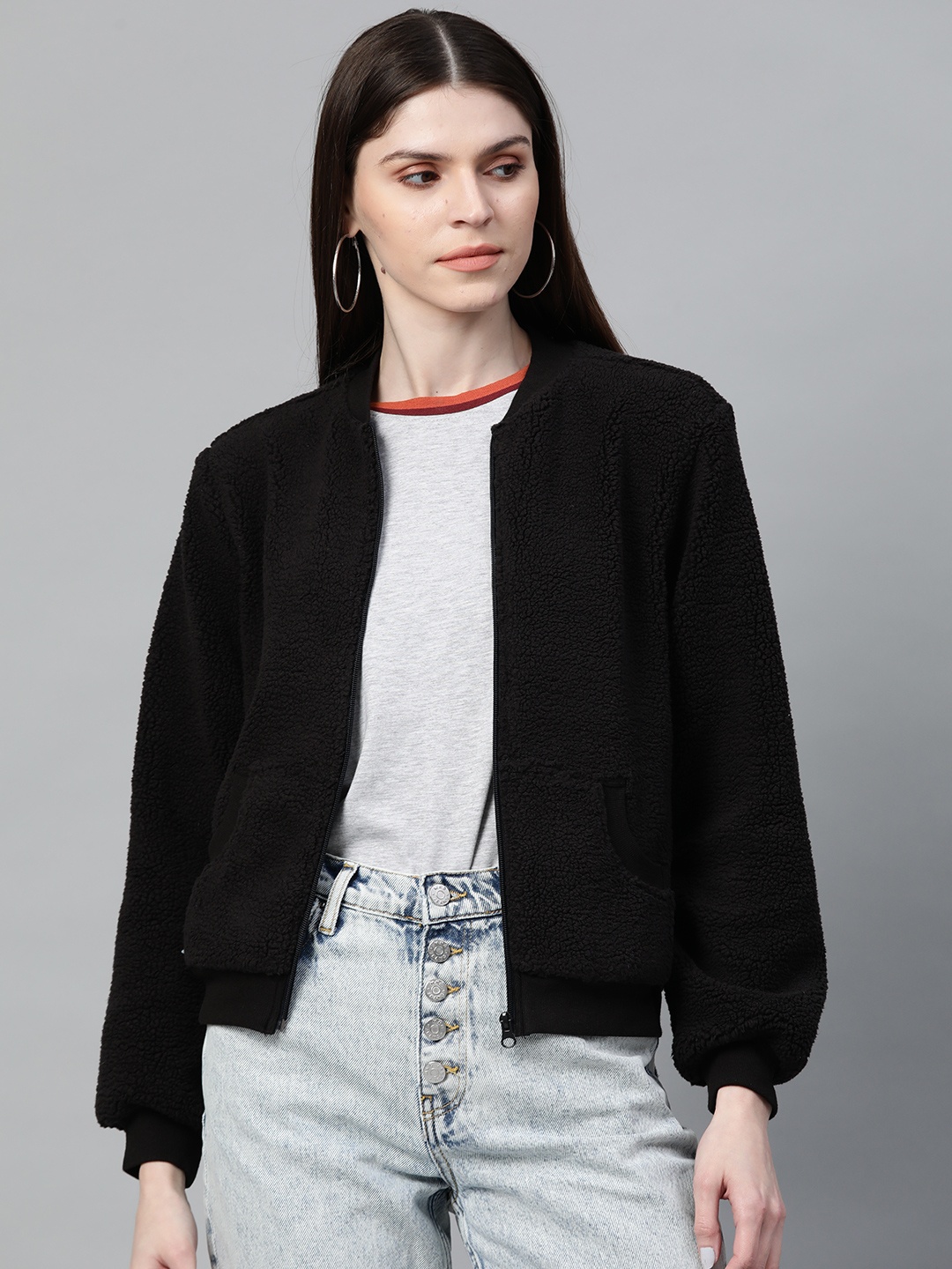 

SASSAFRAS Women Black Solid Faux Fur Lined Sherpa Bomber Jacket