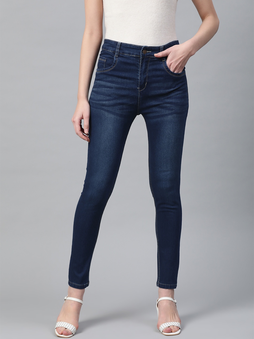 

SASSAFRAS Women Navy Blue Slim Fit High-Rise Clean Look Stretchable Jeans