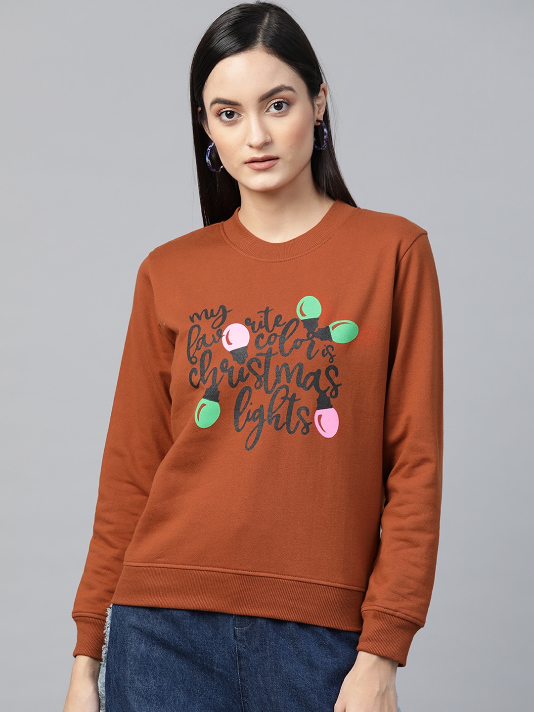 

SASSAFRAS Women Brown Christmas Neon Lights Print Sweatshirt