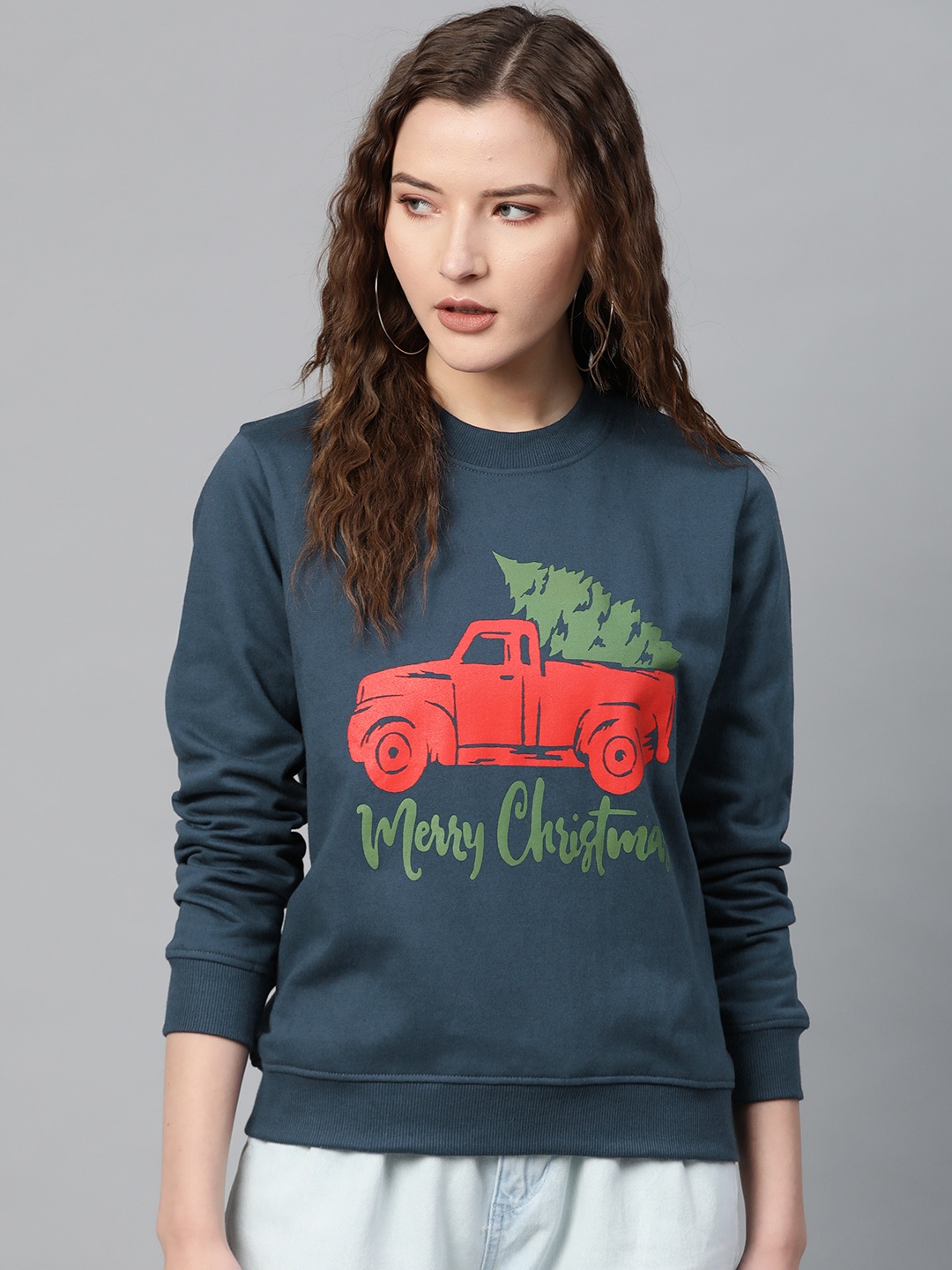 

SASSAFRAS Women Navy Blue & Red Printed Sweatshirt