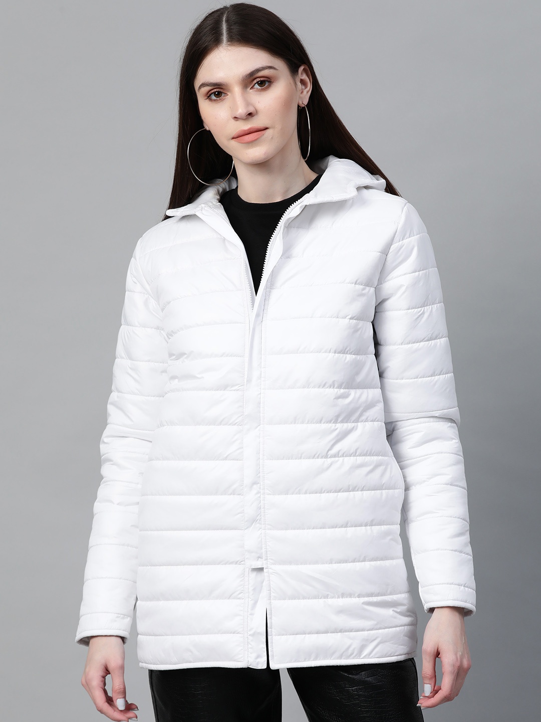 

SASSAFRAS Women White Solid Hooded Longline Padded Jacket