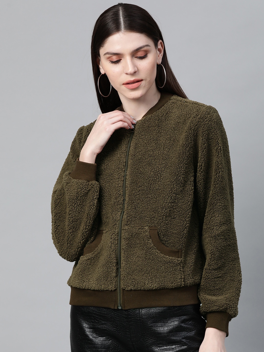 

SASSAFRAS Women Olive Green Sherpa Bomber Jacket