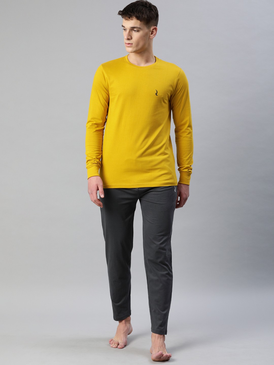 

QUARANTINE Men Mustard & Grey Solid Night suit