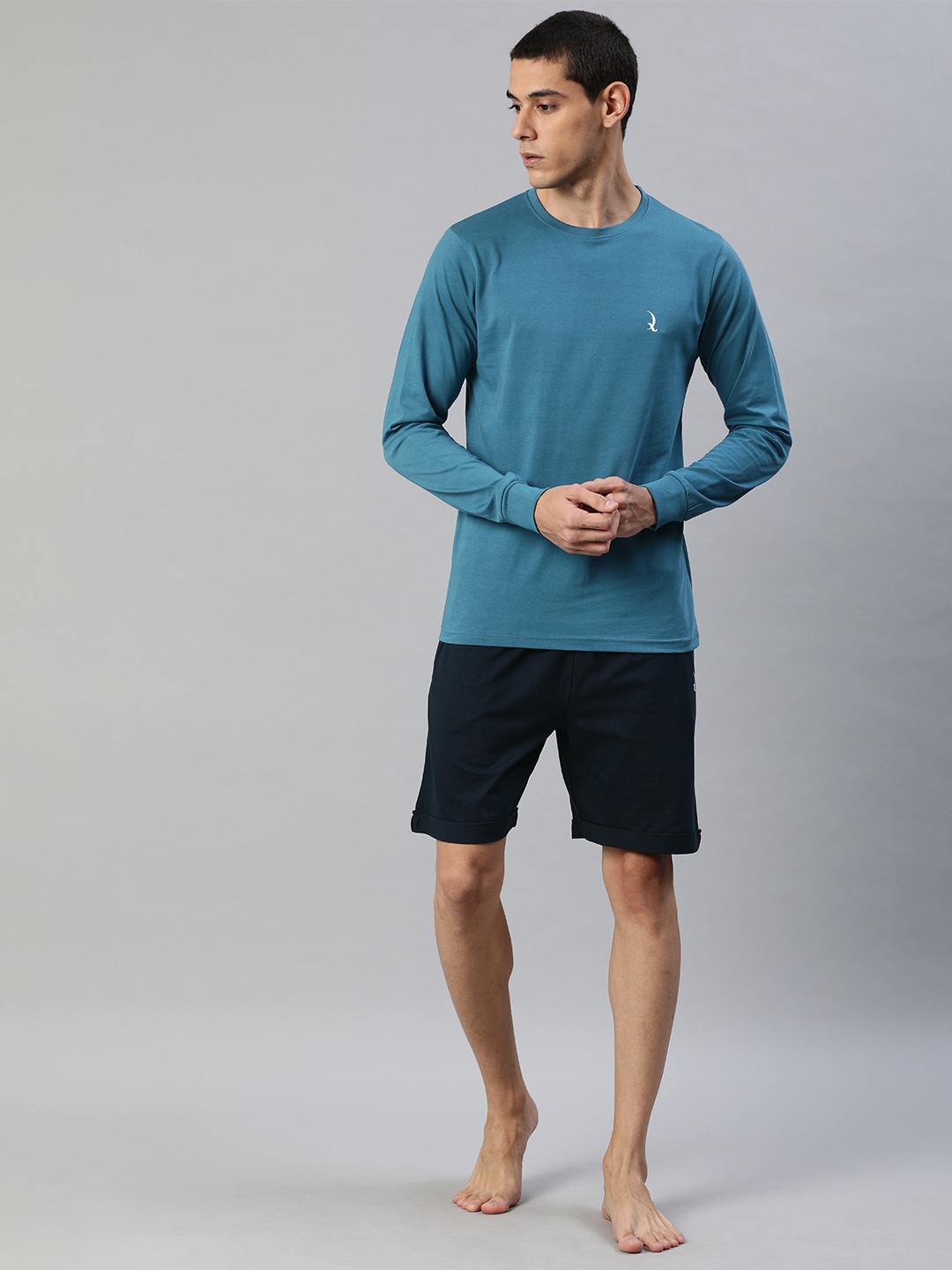 

QUARANTINE Men Teal Blue & Navy Blue Solid Night suit