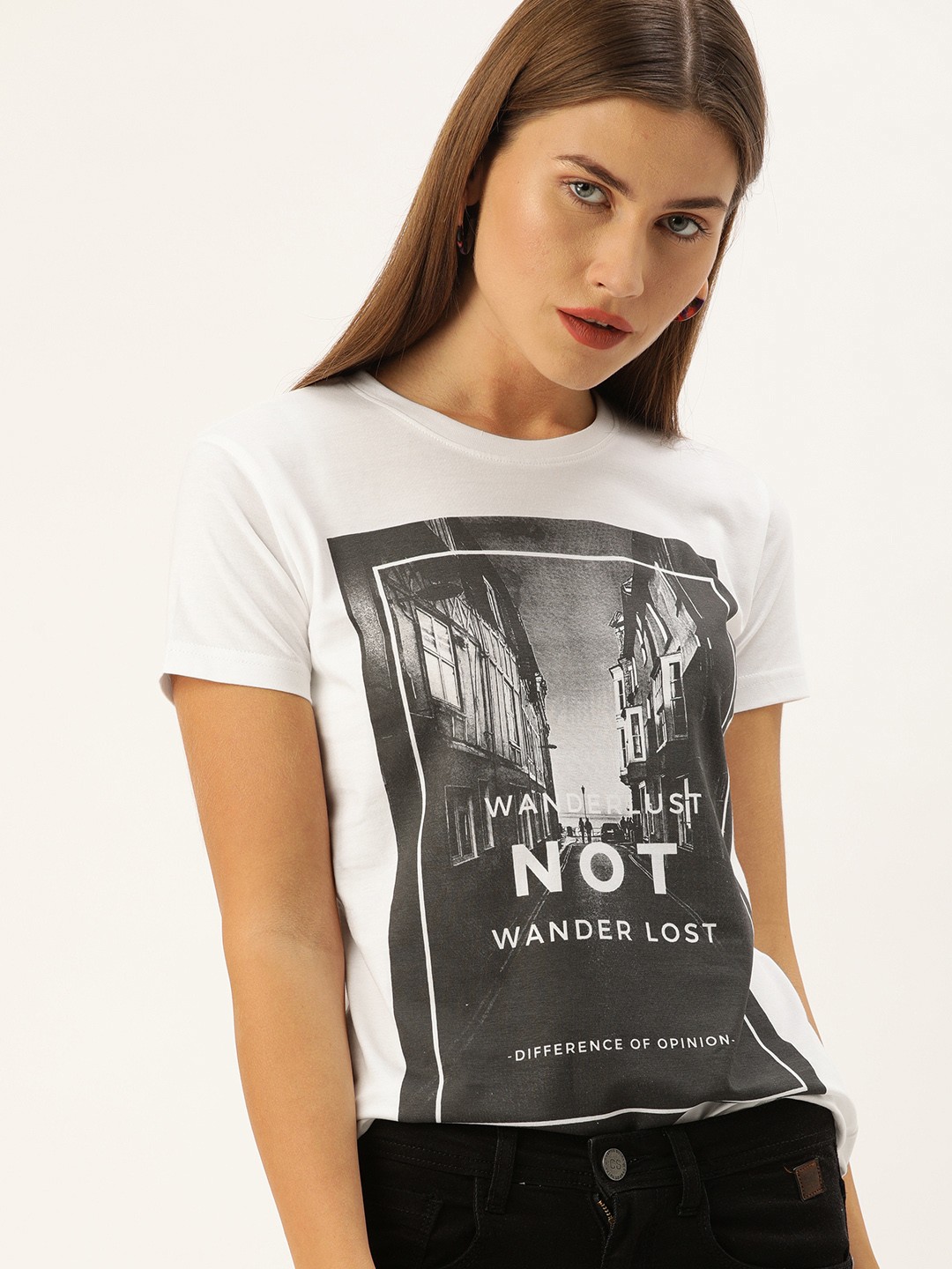 

Difference of Opinion Women White & Charcoal Black Printed Round Neck T-shirt