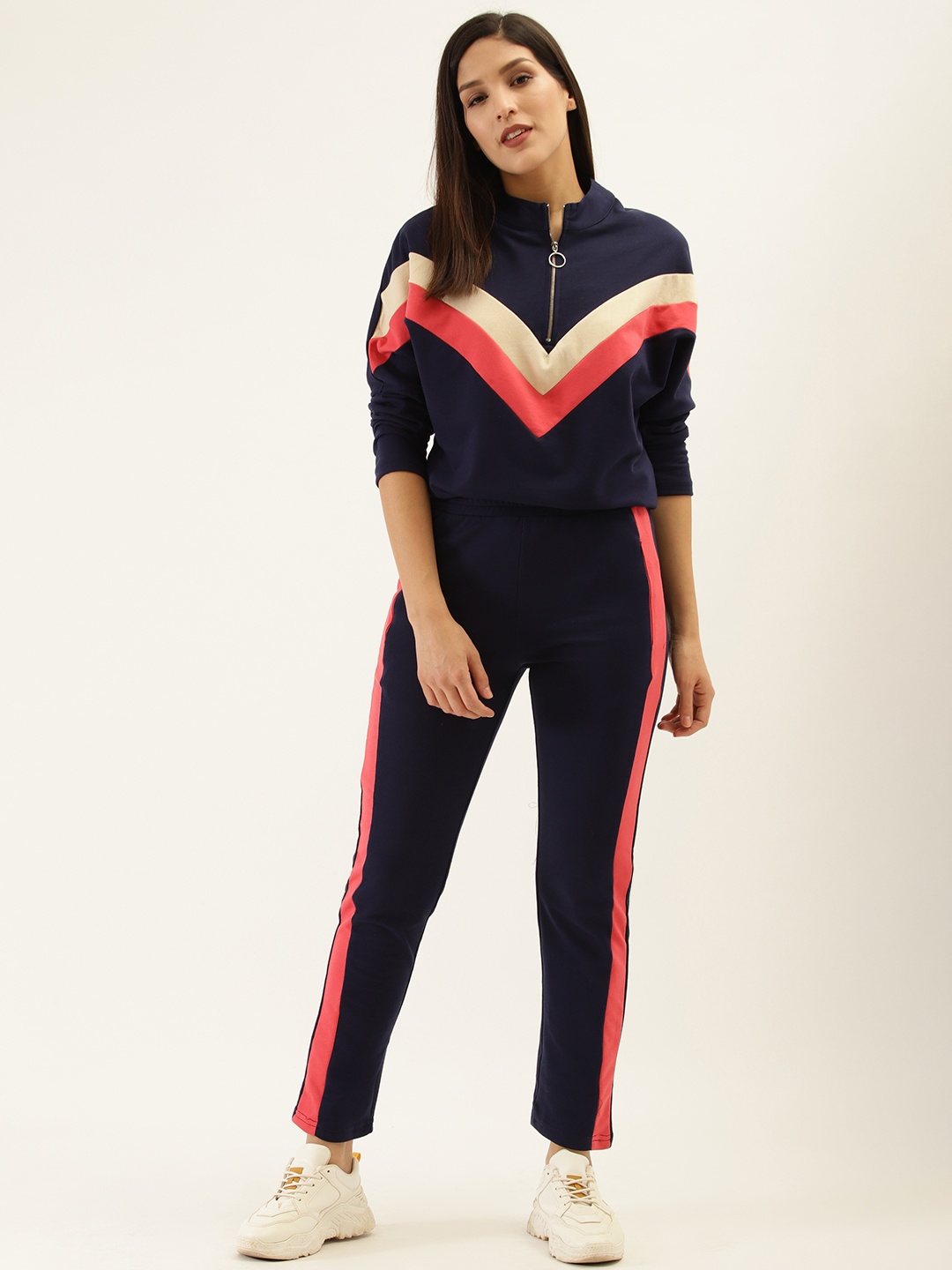 

Laabha Women Navy Blue & Red Striped Detail Tracksuit