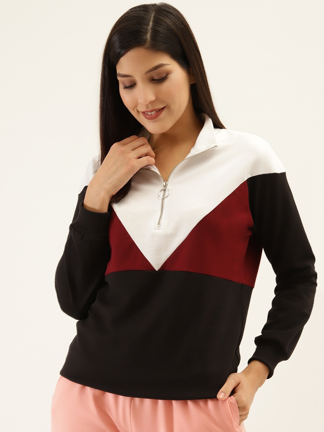 

Laabha Women Black & Maroon Colourblocked Hooded Sweatshirt