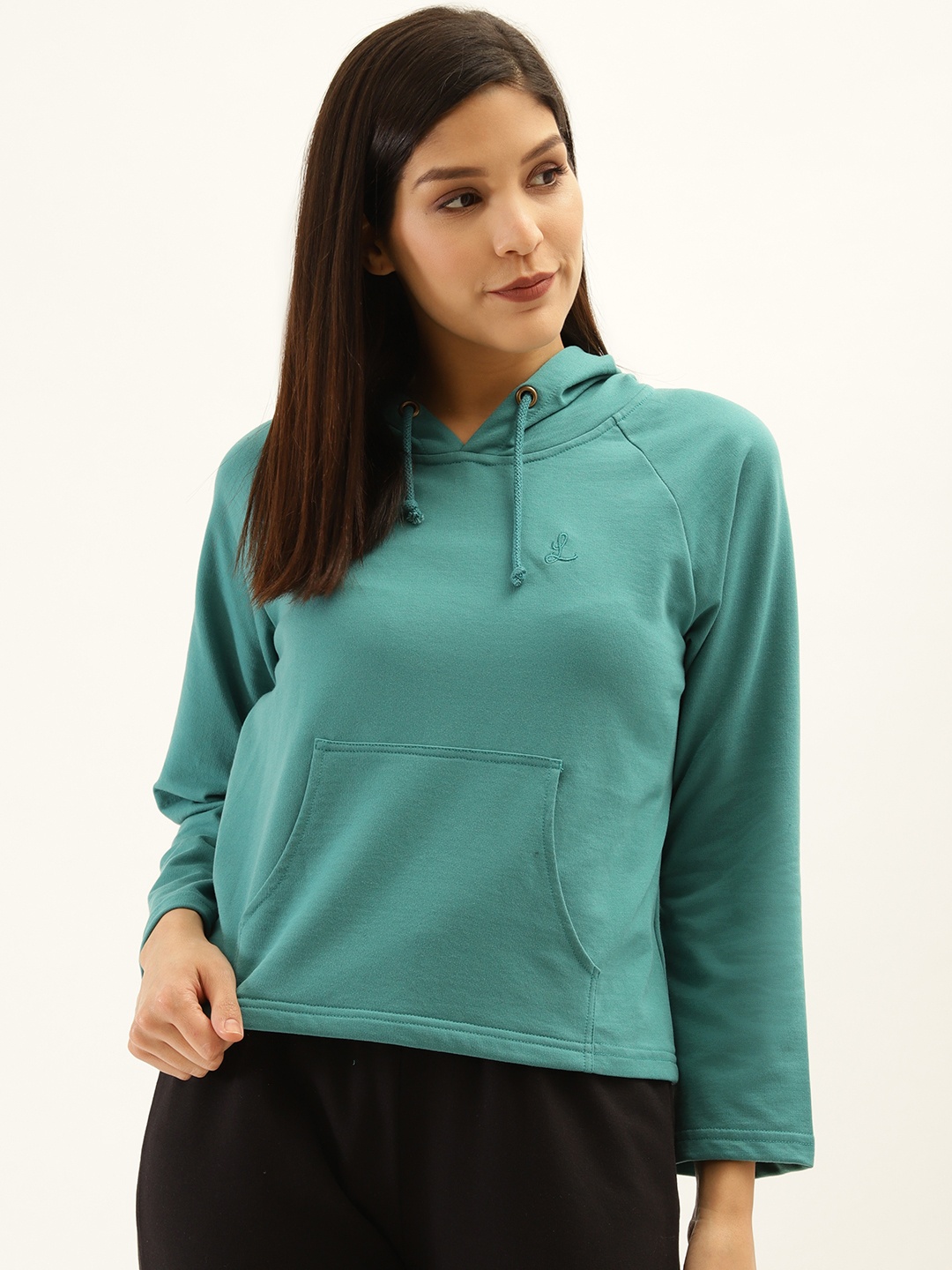 

Laabha Women Teal Green Solid Hooded Sweatshirt