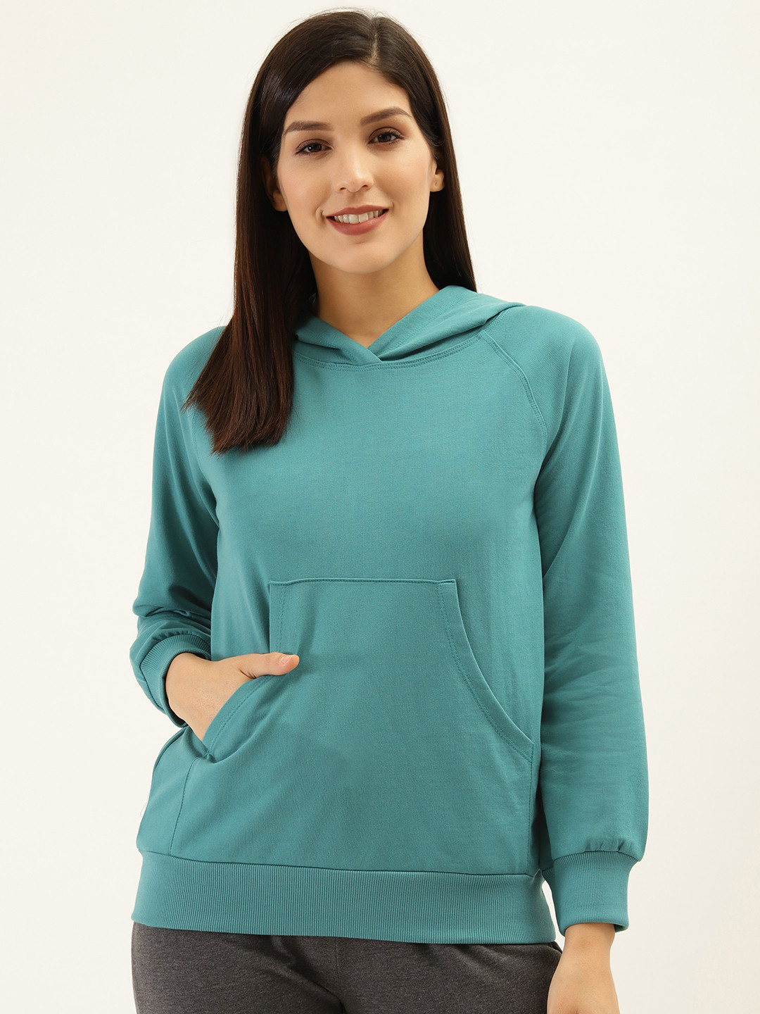 

Laabha Women Teal Green Solid Hooded Sweatshirt