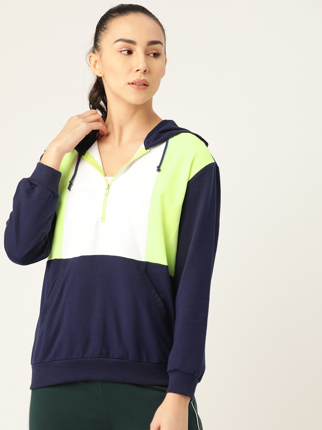 

Laabha Women Navy Blue & White Colourblocked Hooded Sweatshirt