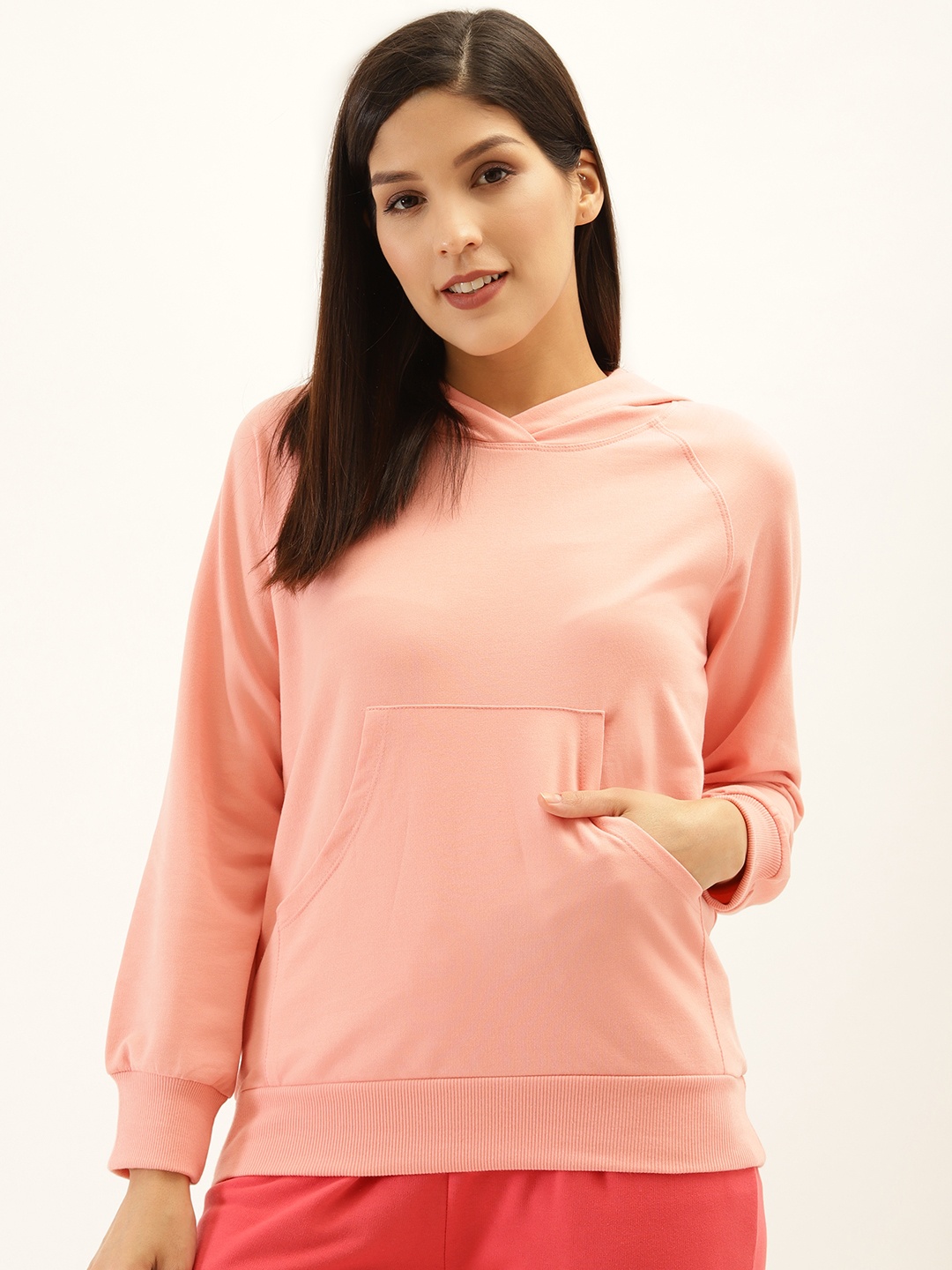 

Laabha Women Peach-Coloured Solid Hooded Sweatshirt