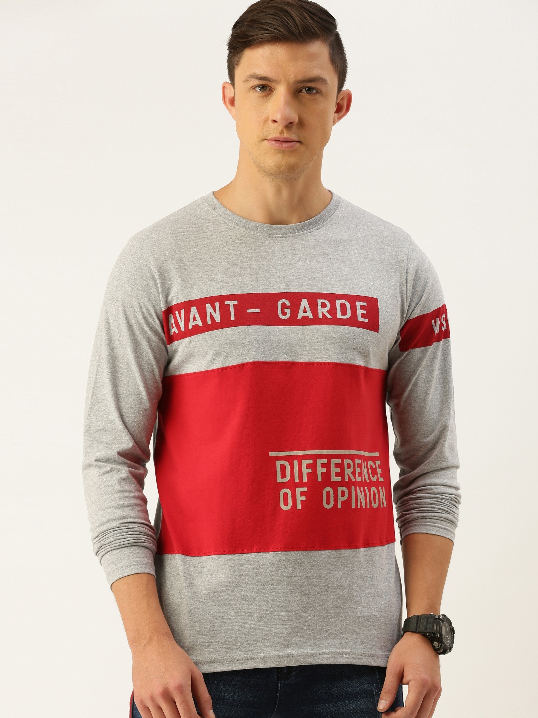 

Difference of Opinion Men Grey Melange Rust Red Colourblocked Round Neck Pure Cotton T-shirt